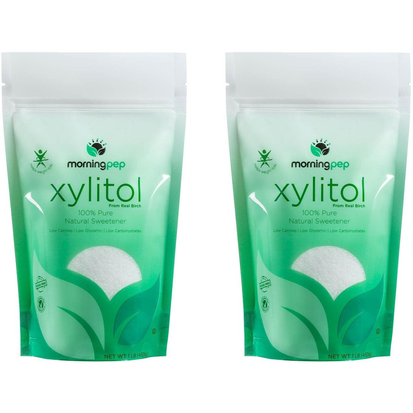 Pack Of 2 Morning Pep Pure Birch Xylitol (Keto Diet Friendly) Sweetener With No Aftertaste 1 Lbs (Not From Corn) Non Gmo Kosher Gluten Free Product Of Usa. Total Of 2 Lbs (32 Oz)