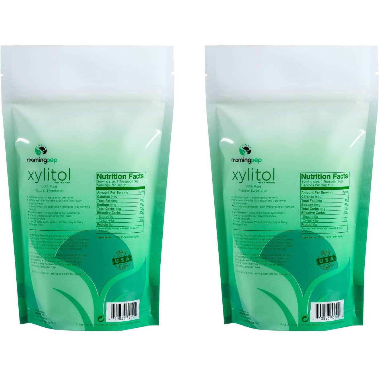 Pack Of 2 Morning Pep Pure Birch Xylitol (Keto Diet Friendly) Sweetener With No Aftertaste 1 Lbs (Not From Corn) Non Gmo Kosher Gluten Free Product Of Usa. Total Of 2 Lbs (32 Oz)