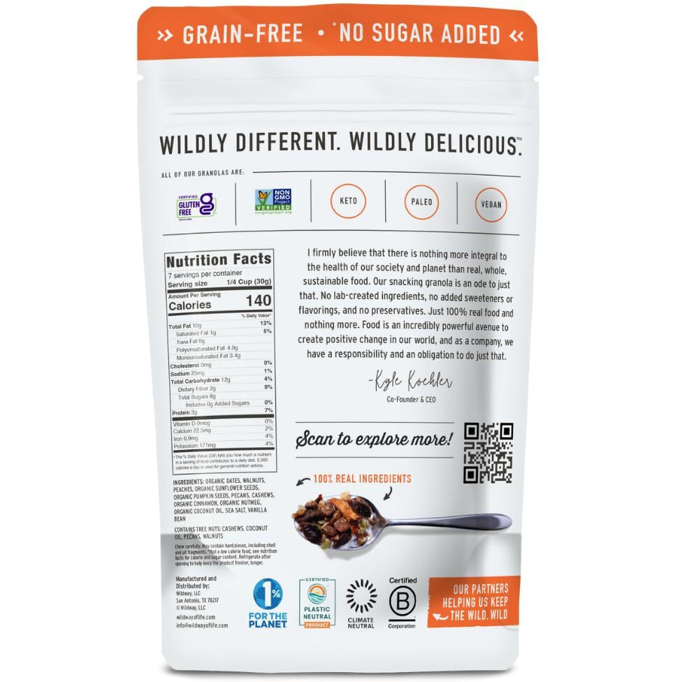 Wildway Keto Granola | Peach Pecan | Grain-Free, Certified Gluten-Free Cereal | Vegan, Low Carb | No Sugar Added | Paleo-Friendly | Non-Gmo Fruit & Nut Clusters | Nutrient-Rich Snack | 8 Oz, 3 Pack
