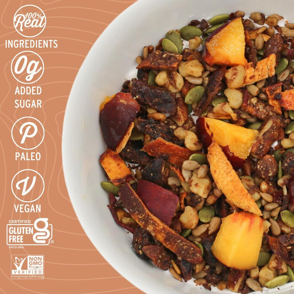 Wildway Keto Granola | Peach Pecan | Grain-Free, Certified Gluten-Free Cereal | Vegan, Low Carb | No Sugar Added | Paleo-Friendly | Non-Gmo Fruit & Nut Clusters | Nutrient-Rich Snack | 8 Oz, 3 Pack