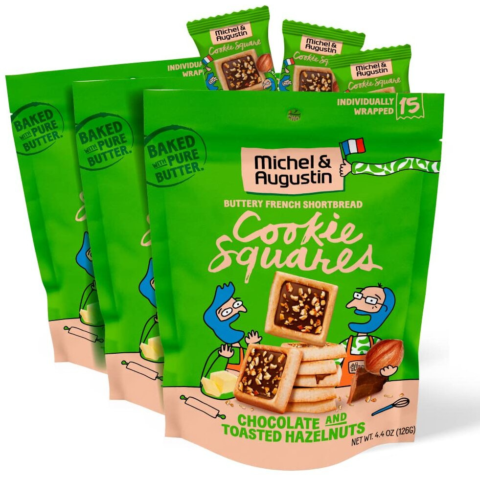 Michel Et Augustin Chocolate Cookie Squares Snack Bag, Milk Chocolate & Hazelnut Cookies, Chocolate Gift Box, 3-Pack, 15 French Shortbread Cookies Per Bag