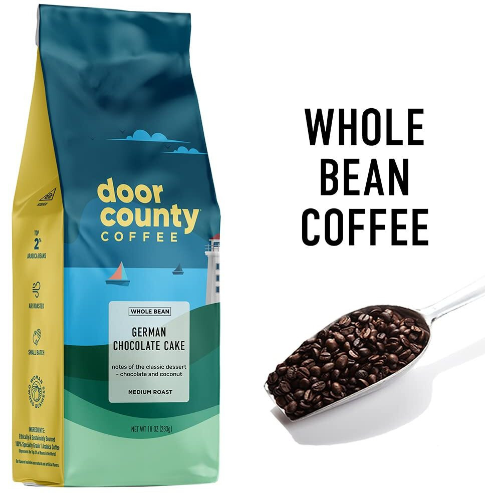 Door County Coffee German Chocolate Cake Flavored Coffee Whole Bean | 10 Oz Bag | Flavored Whole Bean Coffee Medium Roast | 100% Specialty Arabica Coffee | Flavored Gourmet Coffee | German Chocolate Cake