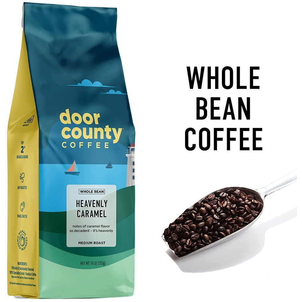 Door County Coffee Heavenly Caramel Flavored Coffee Whole Bean | 10 Oz Bag | Medium Roast | 100% Specialty Arabica Coffee | Flavored Gourmet Coffee | Heavenly Caramel