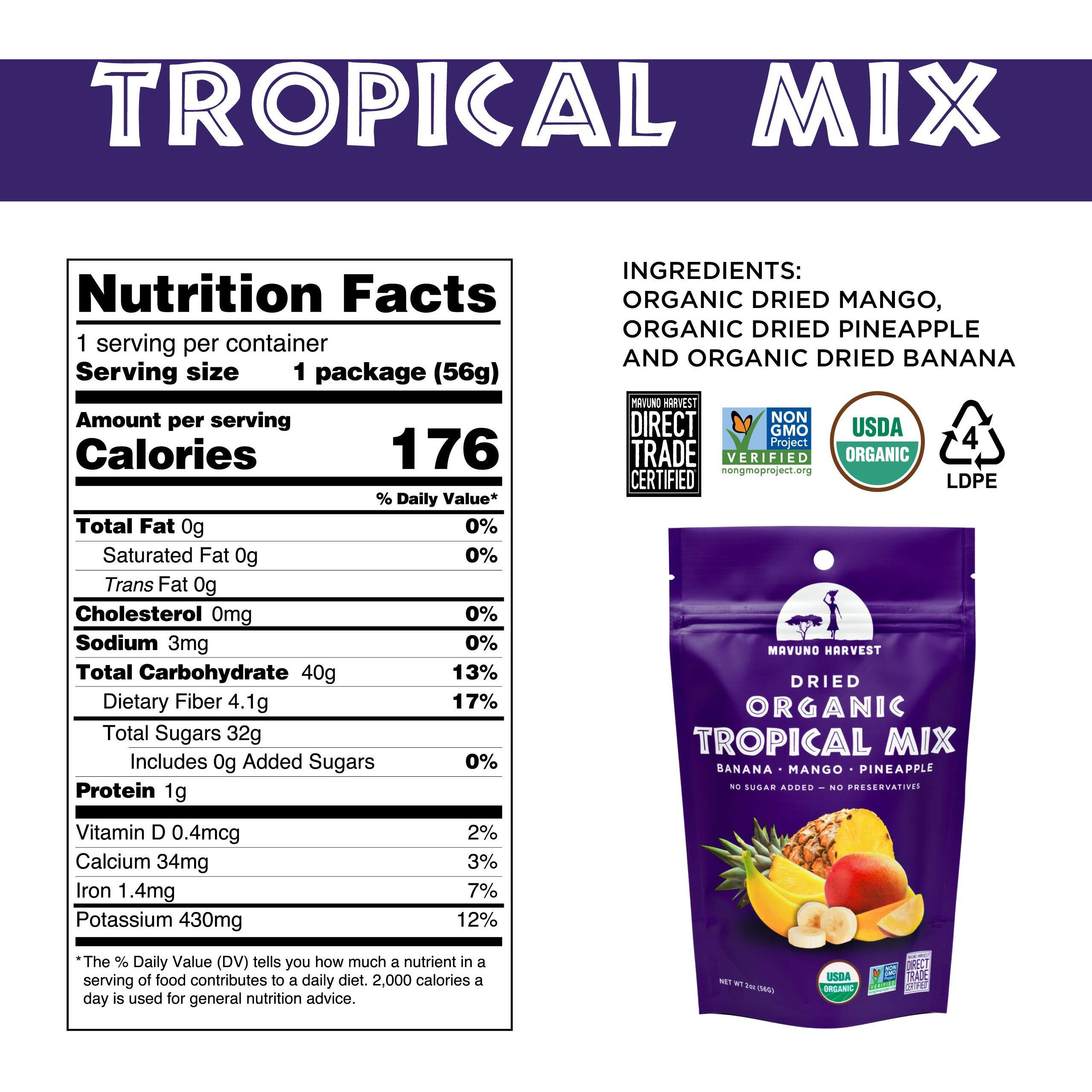 Mavuno Harvest Tropical Mix Dried Fruit Snack | Unsweetened Organic Mixed Dried Fruit | Gluten Free Healthy Snacks For Kids And Adults | No Sugar Added, Vegan, Non Gmo | 2 Ounce, Pack Of 3