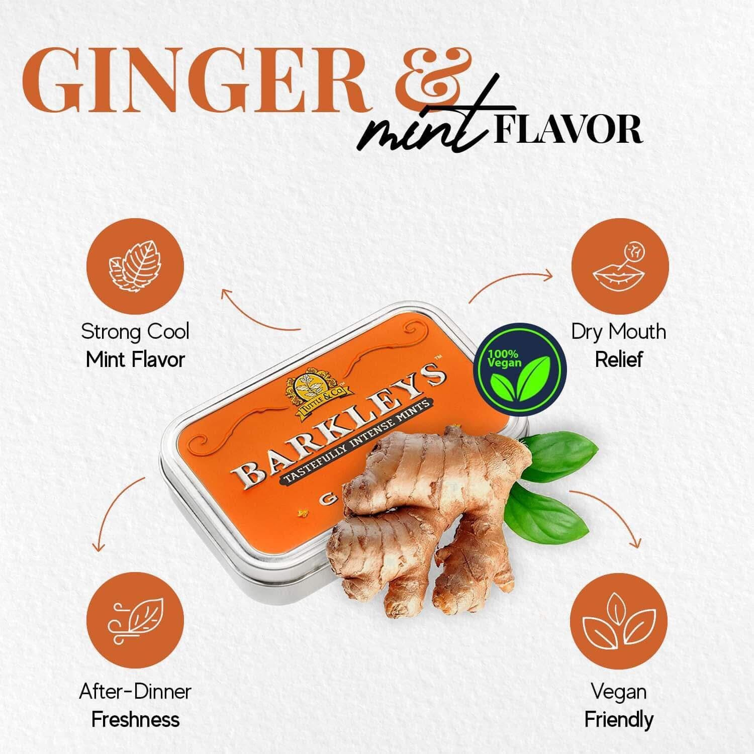 Barkleys Ginger Breath Mints - Strong Ginger Flavor Cool Mint Candy For Party, After Dinner, Wedding, Every Day Use - Vegan Breath Mints In Reusable Classic Travel Tins - 50-Count, 6-Pack