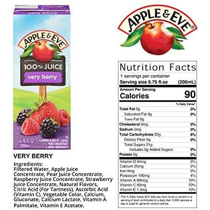 Apple & Eve 100% Juice Very Berry, No Sugar Added, 6.75 Fl Oz, Pack Of 8