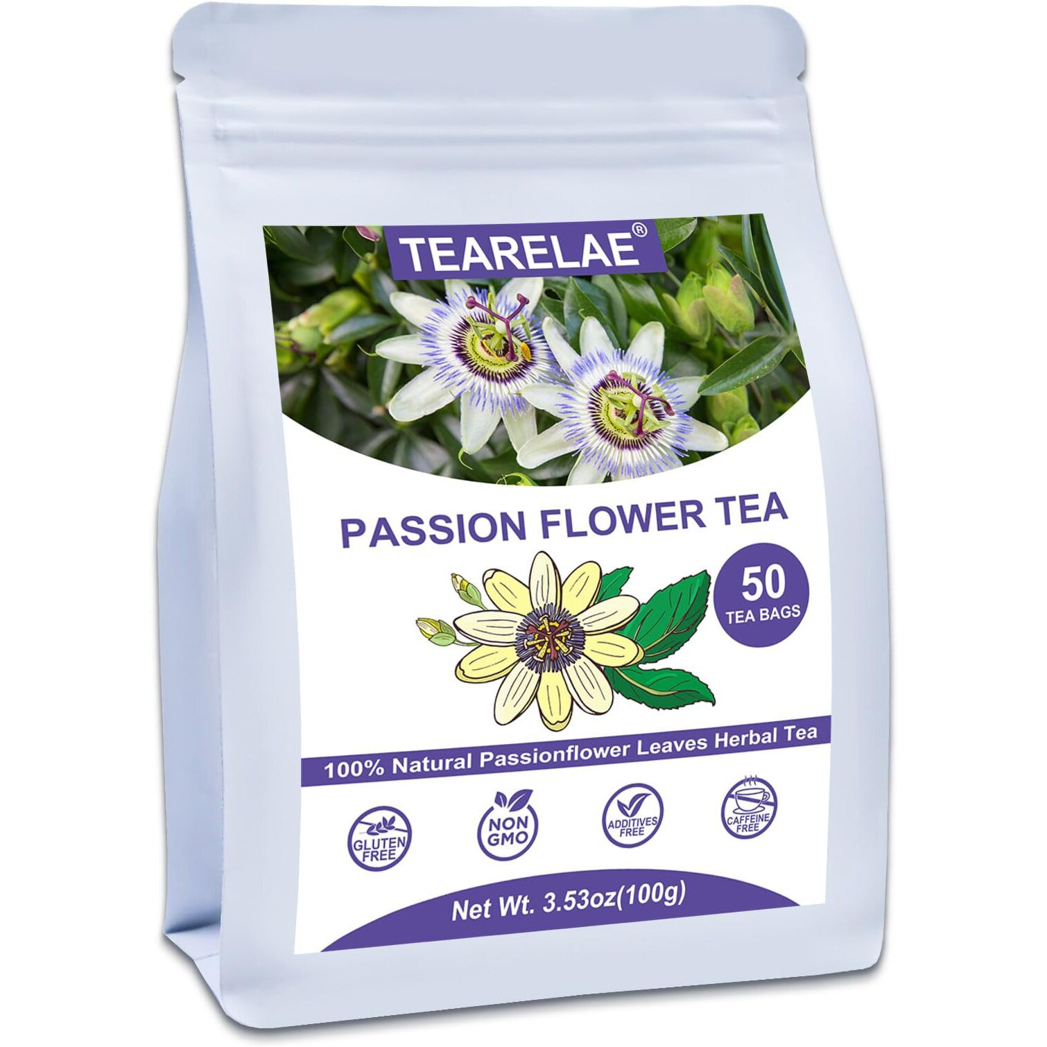 Tearelae - Passion Flower Tea, 50 Count - Pure Passionflowers Leaves Tea Bags - Pasiflora Tea For Relaxation & Sleep- Non-Gmo - Caffeine-Free