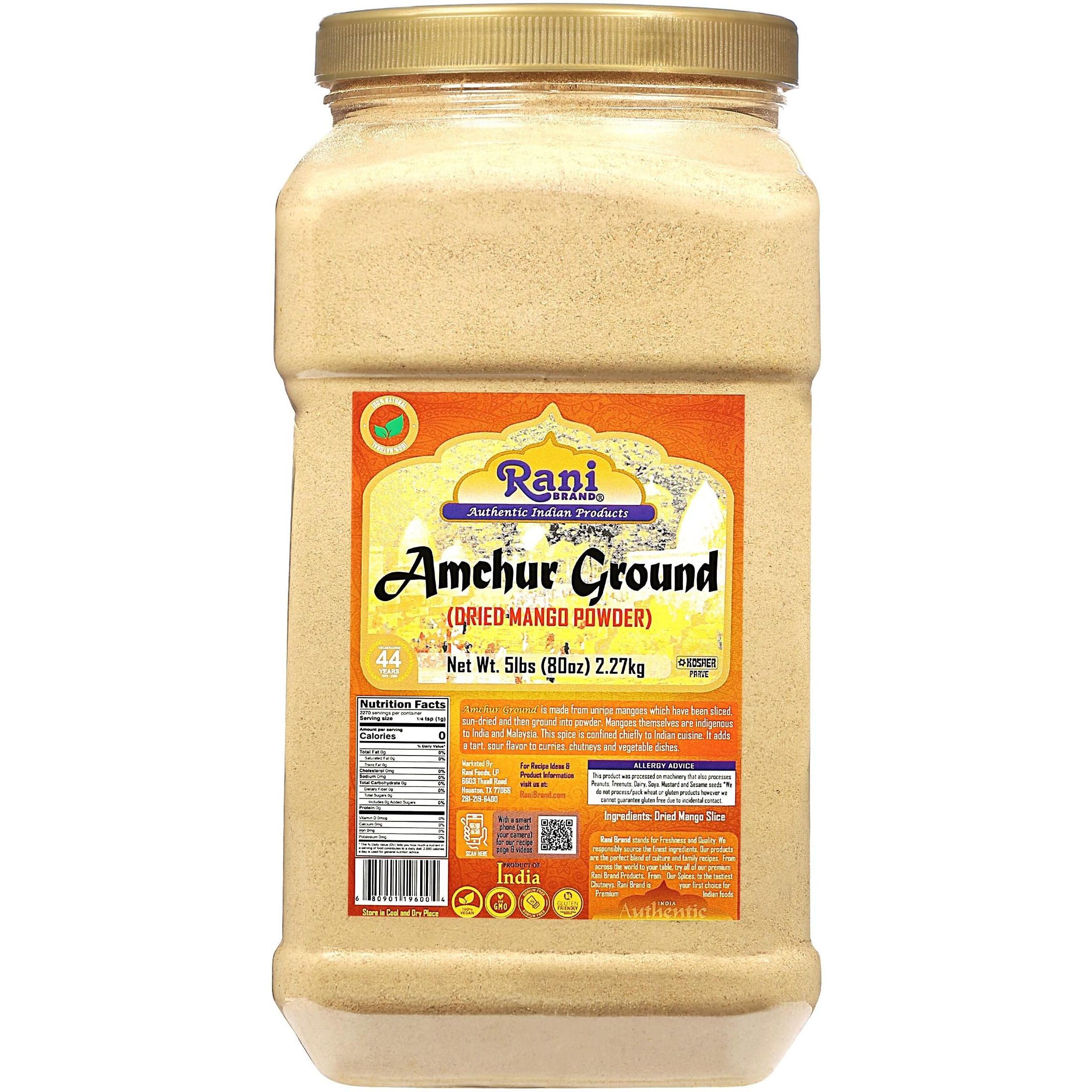 Rani Amchur (Mango) Ground Powder Spice 80Oz (5Lbs) 2.27Kg Bulk Pet Jar ~ All Natural, Indian Origin | No Color | Gluten Friendly | Vegan | Non-Gmo | Kosher | No Salt Or Fillers