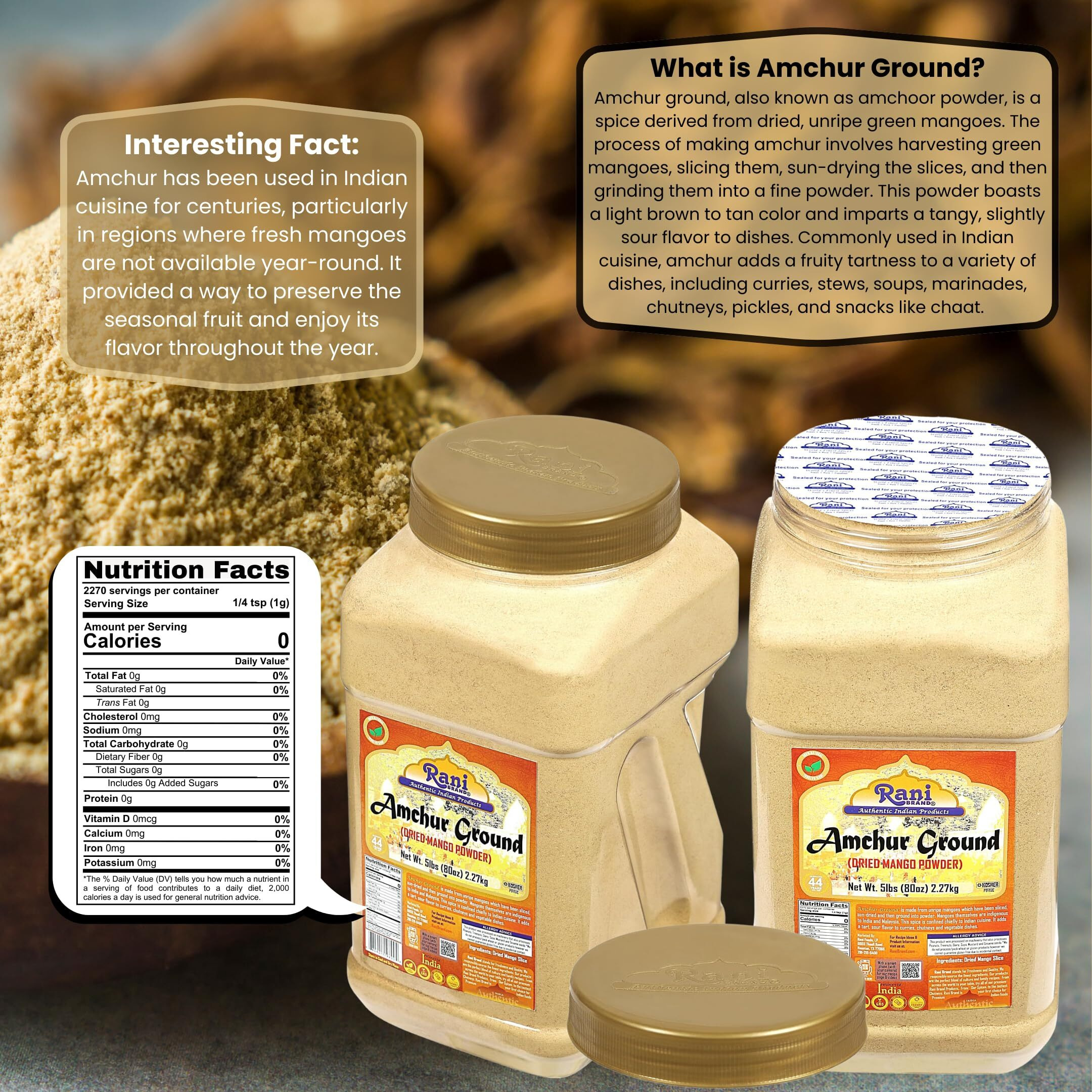 Rani Amchur (Mango) Ground Powder Spice 80Oz (5Lbs) 2.27Kg Bulk Pet Jar ~ All Natural, Indian Origin | No Color | Gluten Friendly | Vegan | Non-Gmo | Kosher | No Salt Or Fillers