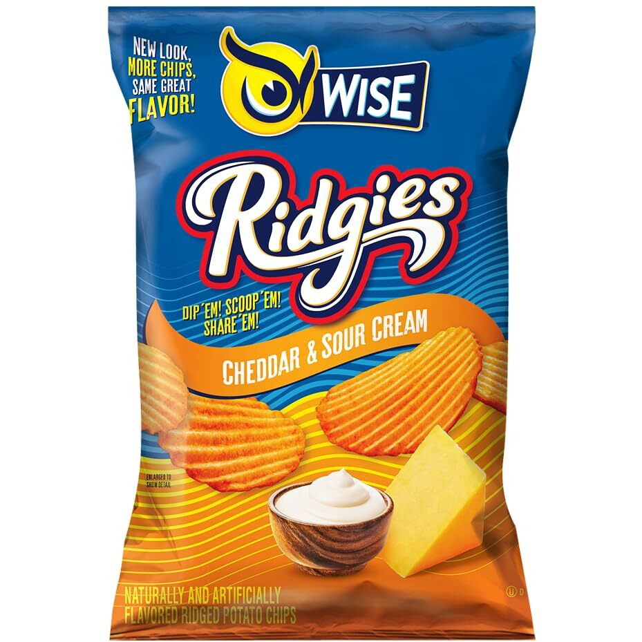 Wise Snacks Ridgies Cheddar And Sour Cream Potato Chips Bulk Snack For Fun And Tasty Snacking 0.75 Ounce 40 Count, Gluten Free, 0G Trans Fat, No Preservatives