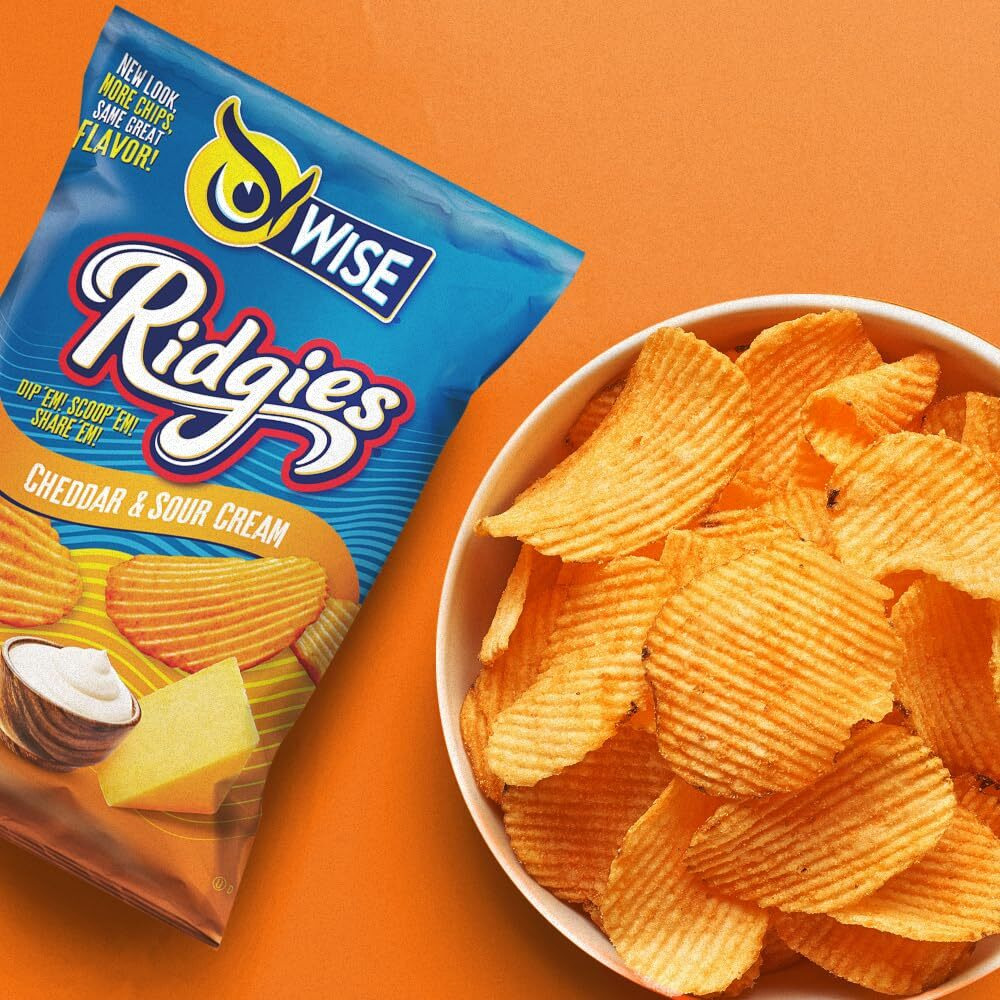 Wise Snacks Ridgies Cheddar And Sour Cream Potato Chips Bulk Snack For Fun And Tasty Snacking 0.75 Ounce 40 Count, Gluten Free, 0G Trans Fat, No Preservatives