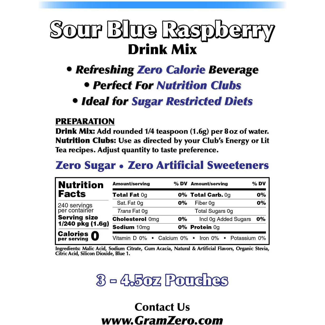 Gramzero Sour Blue Raspberry Zero Calorie Sugar Free Drink Mix, Great For Nutrition Club Loaded Tea, Stevia Sweetened