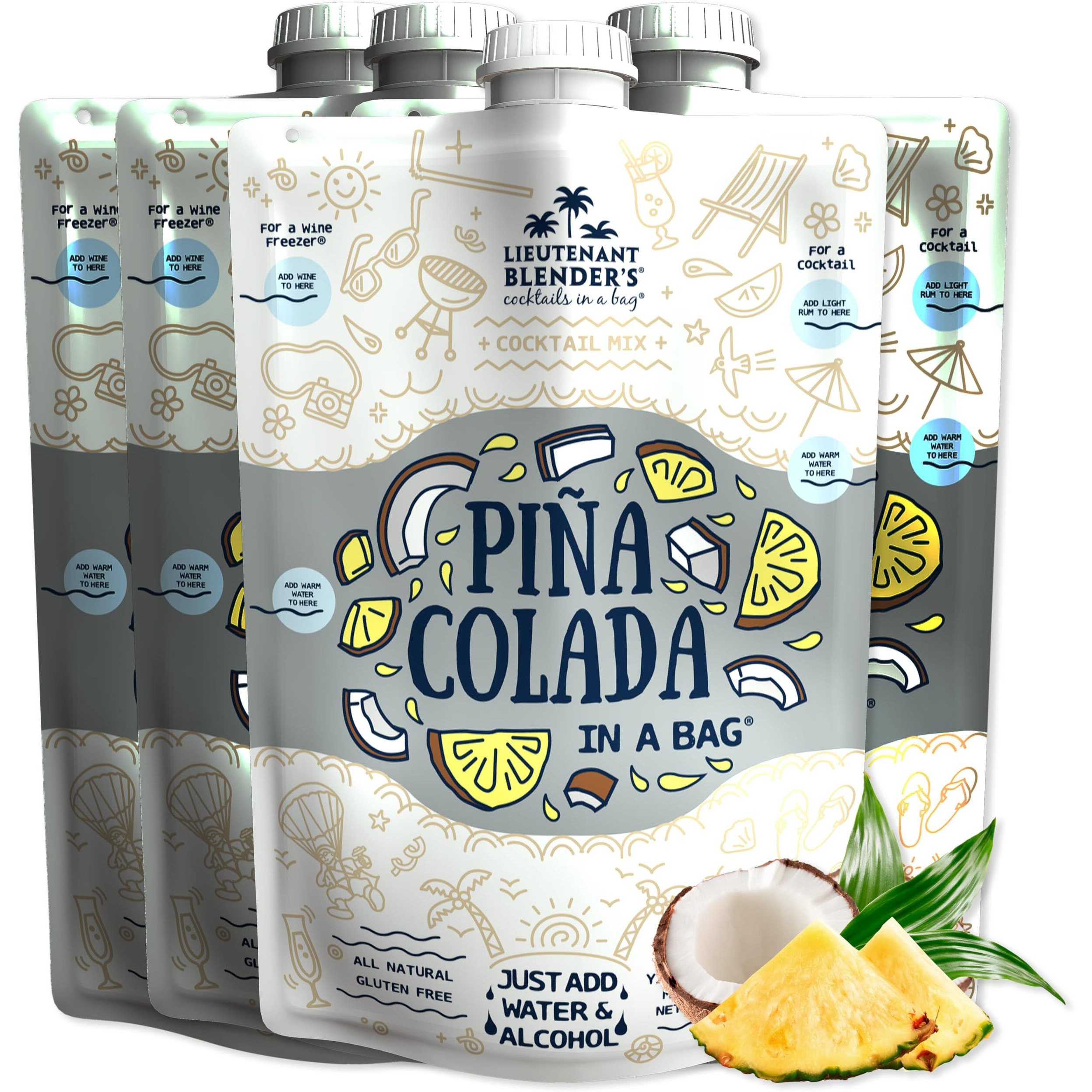 Lt. Blender's Pina Colada In A Bag - Pina Colada Drink Mix - Each Bag Makes 1/2 Gallon Of Slushie Pina Colada Mix - Cocktail Mix - Make A Cocktail, Wine Slushie Or Mocktail - (Pack Of 4)
