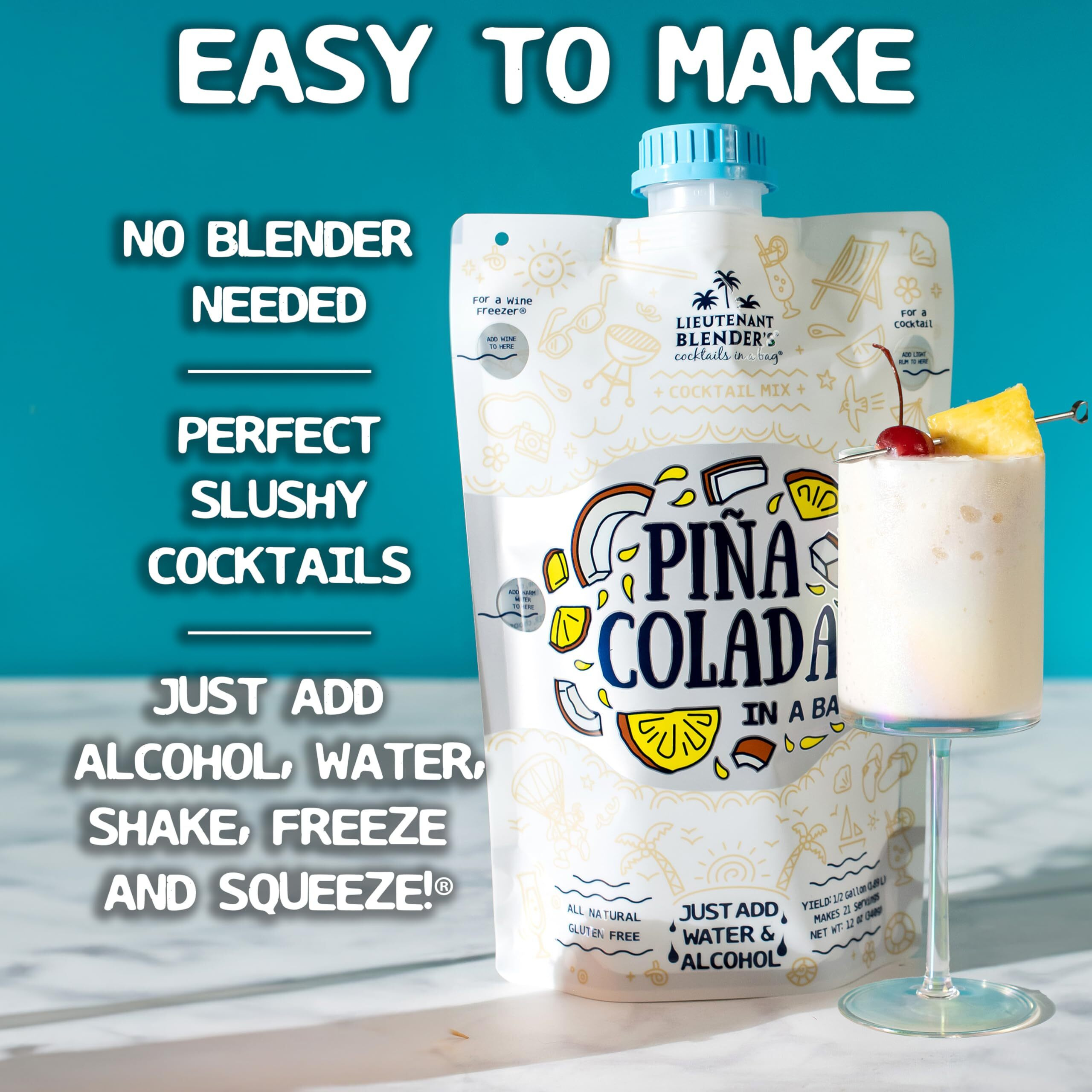 Lt. Blender's Pina Colada In A Bag - Pina Colada Drink Mix - Each Bag Makes 1/2 Gallon Of Slushie Pina Colada Mix - Cocktail Mix - Make A Cocktail, Wine Slushie Or Mocktail - (Pack Of 4)