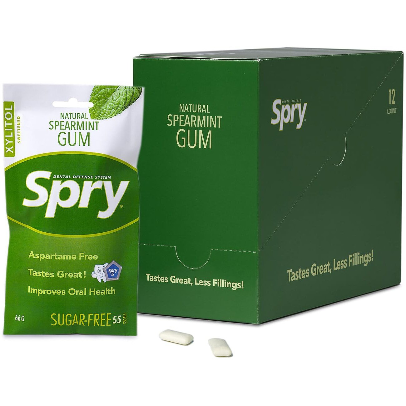 Spry On The Go Gum, Fresh Natural Xylitol Chewing Gum Dental Defense System Aspartame-Free Sugar Free Gum (Spearmint, 55 Count - Pack Of 12)