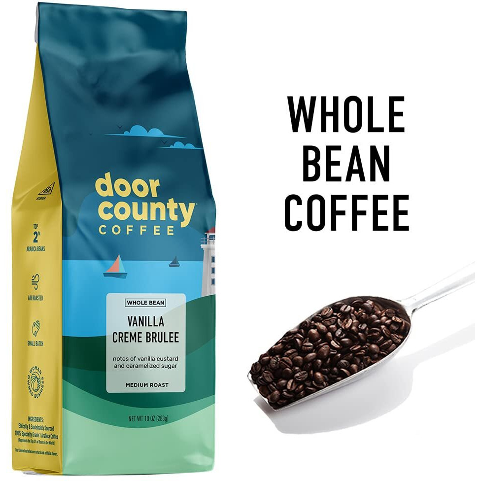 Door County Coffee Vanilla Creme Brulee Flavored Coffee Whole Bean | 10 Oz Bag | Medium Roast | 100% Specialty Arabica Coffee | Flavored Gourmet Coffee | Vanilla Creme Brulee