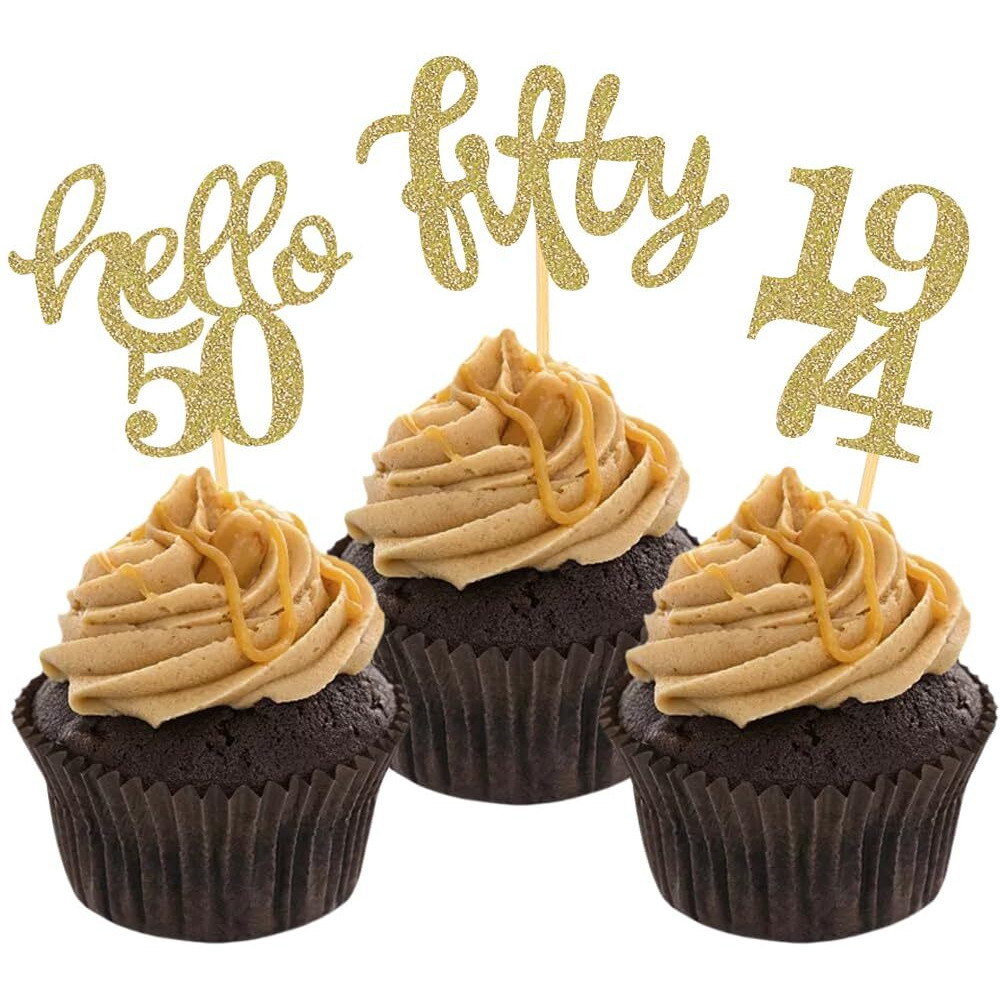 24 Pcs Gold Glitter 50Th Birthday Cupcake Toppers For 50Th Birthday Celebrating Party Decorations