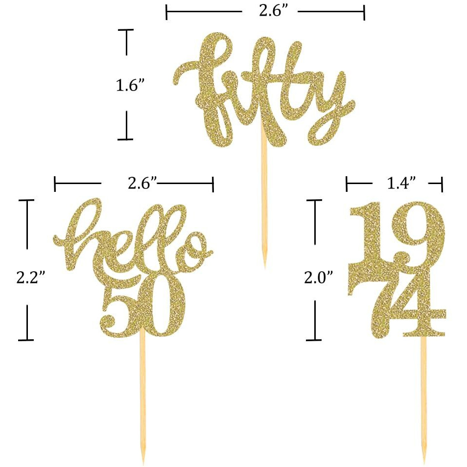 24 Pcs Gold Glitter 50Th Birthday Cupcake Toppers For 50Th Birthday Celebrating Party Decorations