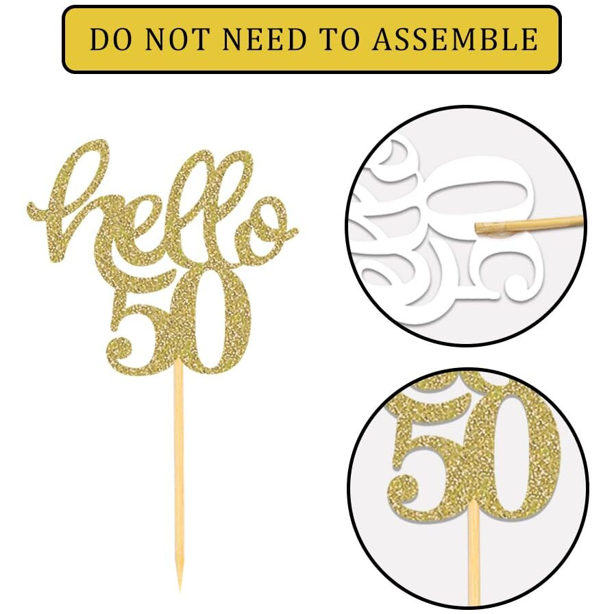 24 Pcs Gold Glitter 50Th Birthday Cupcake Toppers For 50Th Birthday Celebrating Party Decorations