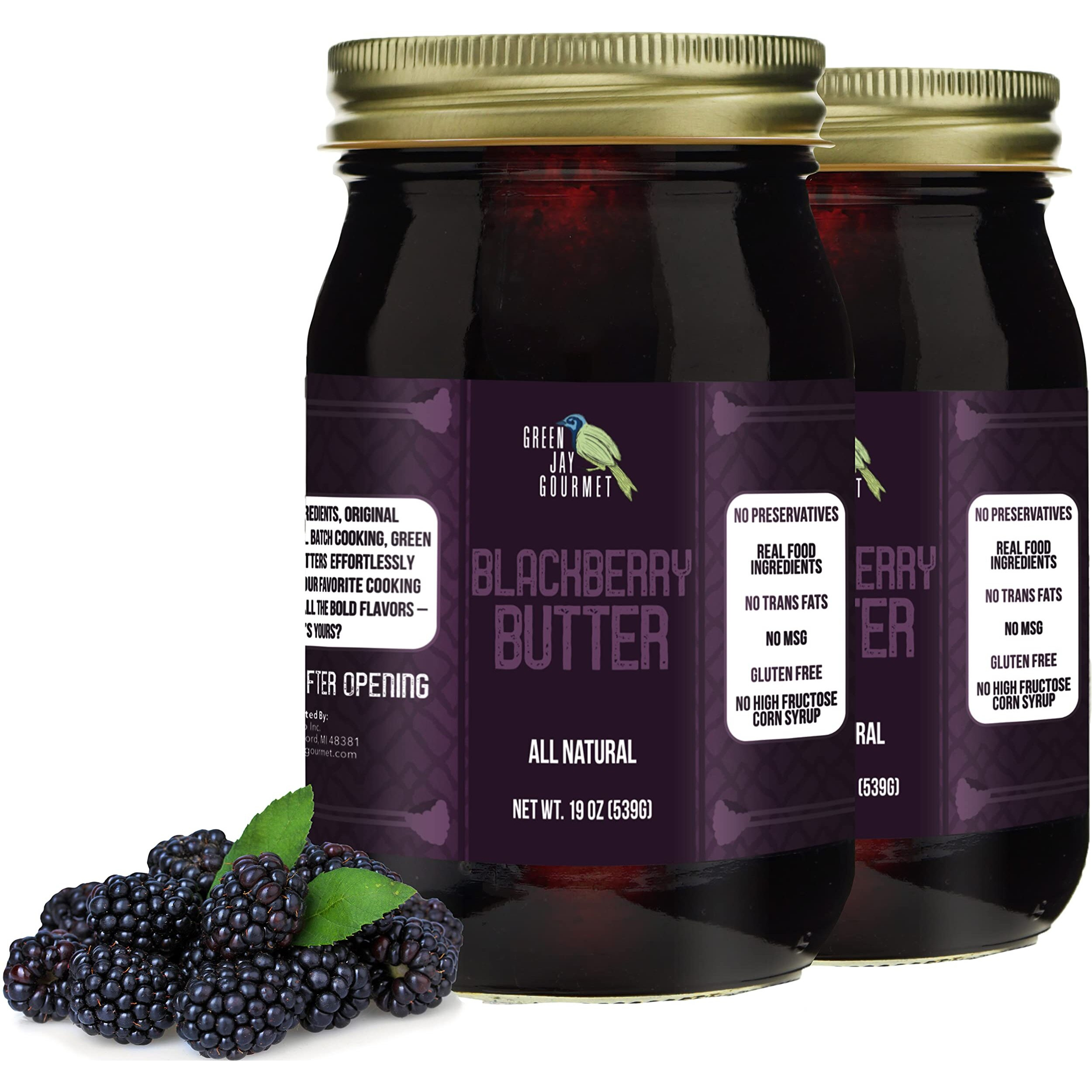 Green Jay Gourmet Blackberry Butter - All-Natural, Gluten-Free Fruit Spread - Blackberry Spread W/ Fresh Blackberries - Gourmet Fruit Butter - No Corn Syrup, Preservatives Or Trans-Fats - 2 X 19 Ounce