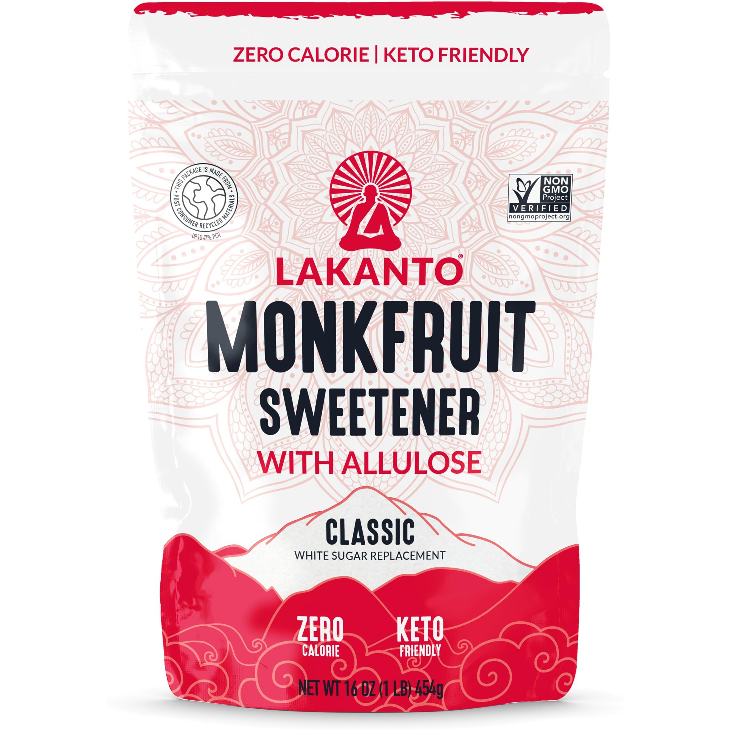 Lakanto Monk Fruit Sweetener With Allulose, Cane Sugar Substitute From Monk Fruit Extract, Classic White Sugar Replacement For Baking, Coffee & Tea, Gluten Free, Low Carb, Non Gmo, Keto, 1 Lb Bag