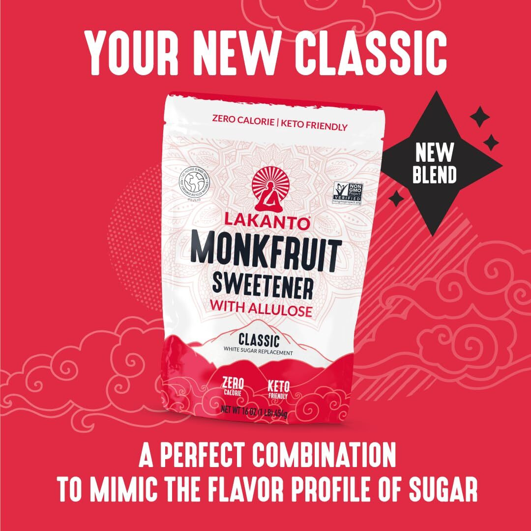 Lakanto Monk Fruit Sweetener With Allulose, Cane Sugar Substitute From Monk Fruit Extract, Classic White Sugar Replacement For Baking, Coffee & Tea, Gluten Free, Low Carb, Non Gmo, Keto, 1 Lb Bag