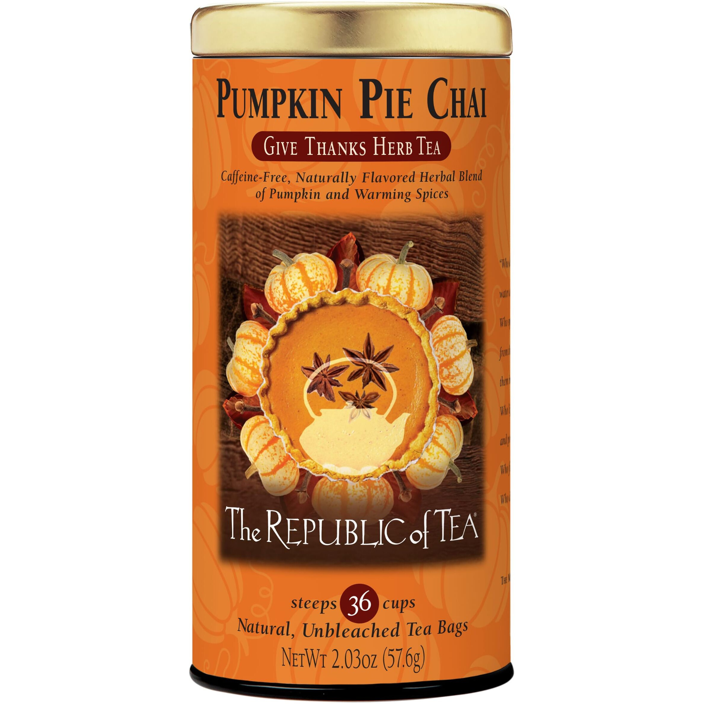 The Republic Of Tea - Pumpkin Pie Chai Herbal Tea Tin, 36 Naturally Caffeine-Free Tea Bags