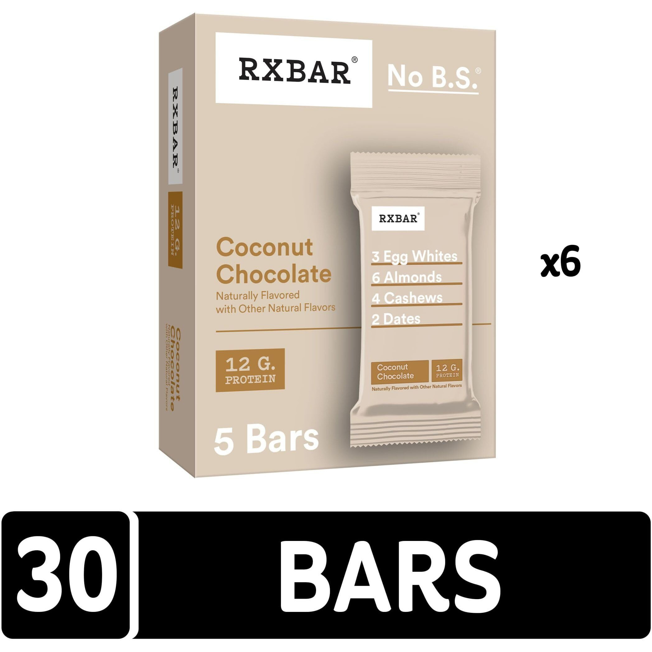 Rxbar Protein Bars, 12G Protein, Gluten Free Snacks, Coconut Chocolate (6 Boxes, 30 Bars)