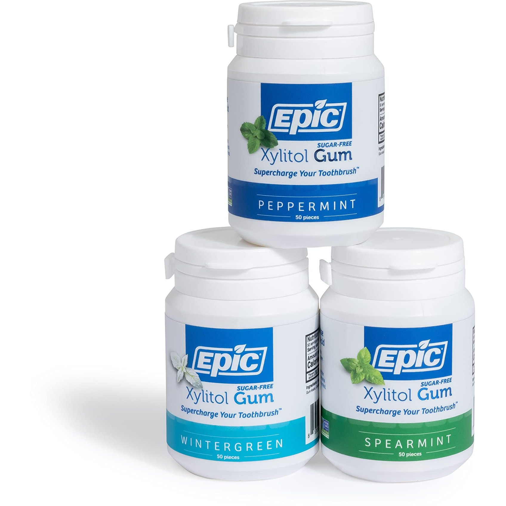 Epic Xylitol Chewing Gum - Sugar Free & Aspartame Free Chewing Gum Sweetened W/Xylitol For Dry Mouth & Gum Health (Assorted, 50-Piece Bottle, 3 Bottles)