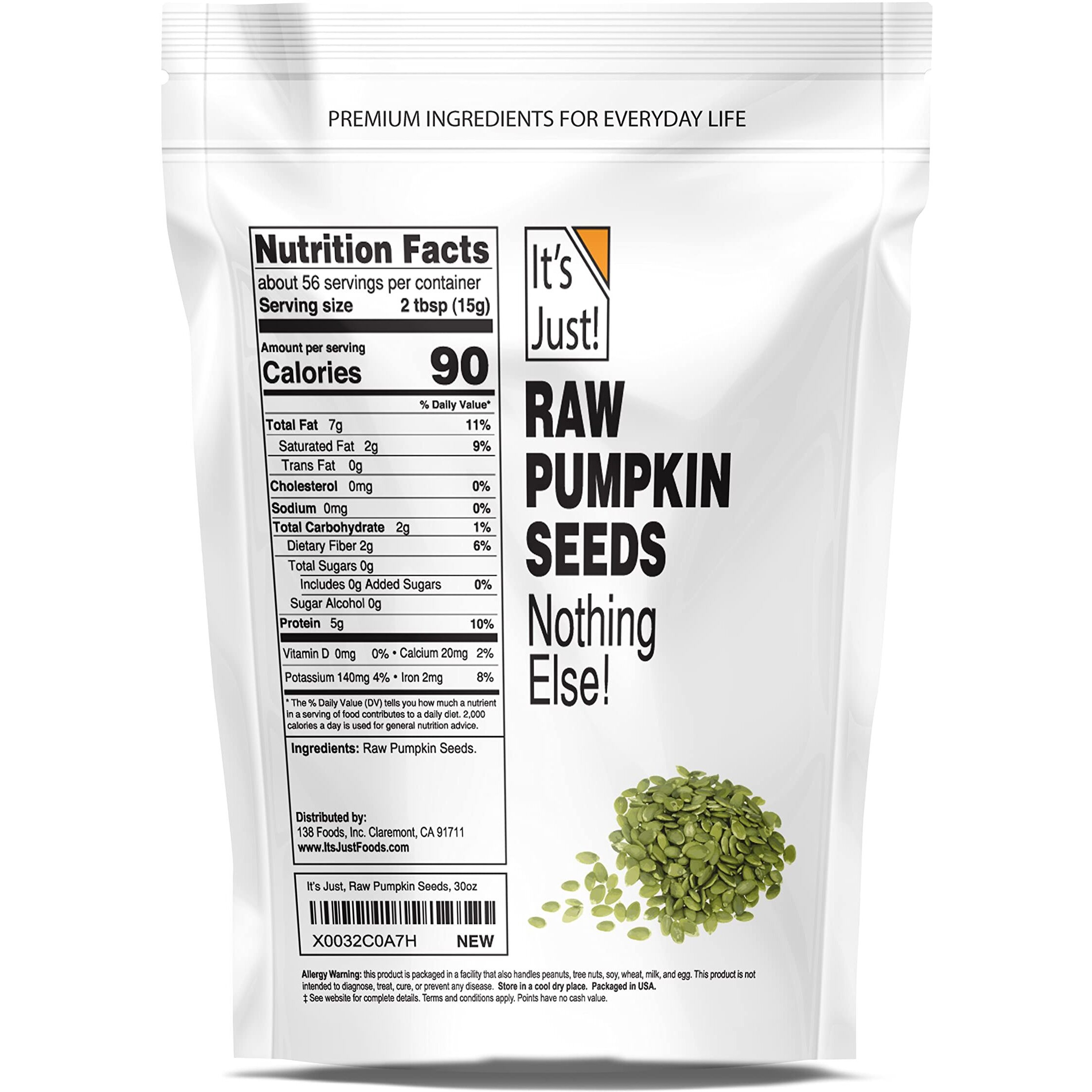 It's Just - Pumpkin Seeds (Pepitas), No Shell, Keto Friendly Snacking, Non-Gmo, Packed In Usa (Raw/Unsalted, 30 Ounce)