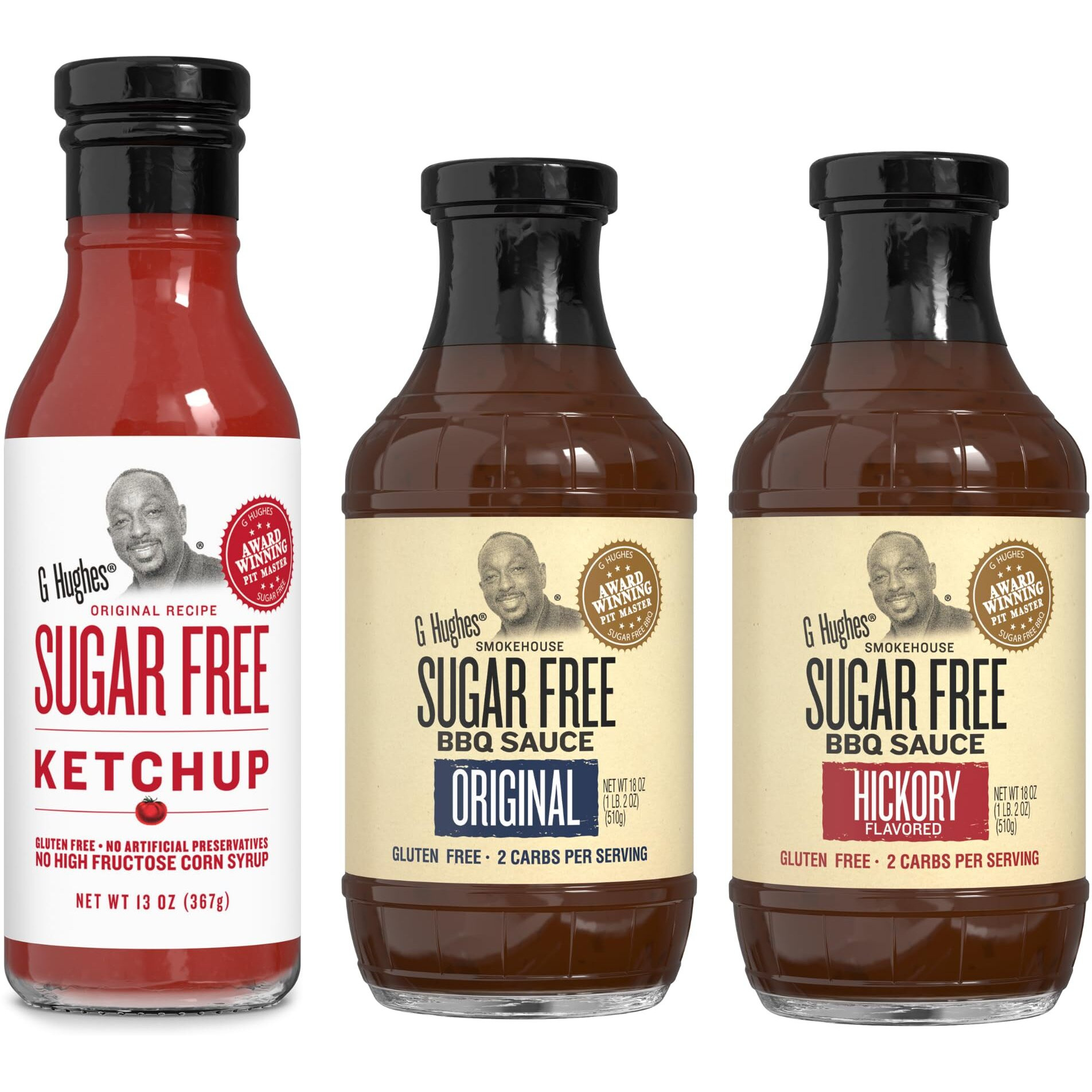G Hughes Sugar Free, Bbq Sauces & Ketchup Bundle - Original Sugar Free Bbq Sauce - 18 Oz, Hickory Bbq Suace - 18 Oz, Sugar Free Ketchup - 13 Oz, Keto Ketchup, Low Calorie Barbecue Sauce (3 Pack)