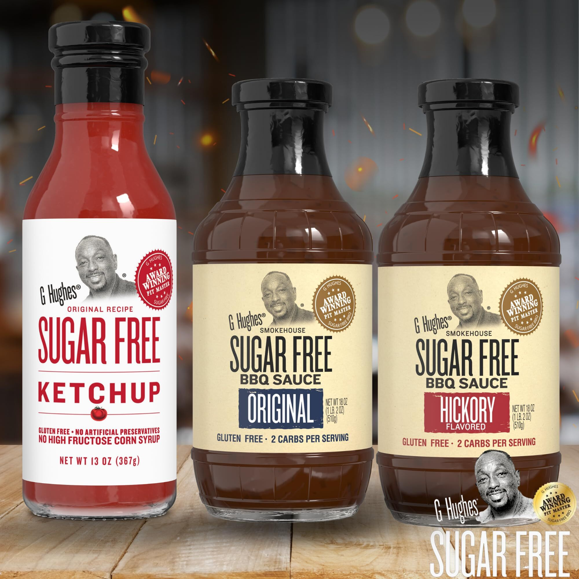 G Hughes Sugar Free, Bbq Sauces & Ketchup Bundle - Original Sugar Free Bbq Sauce - 18 Oz, Hickory Bbq Suace - 18 Oz, Sugar Free Ketchup - 13 Oz, Keto Ketchup, Low Calorie Barbecue Sauce (3 Pack)