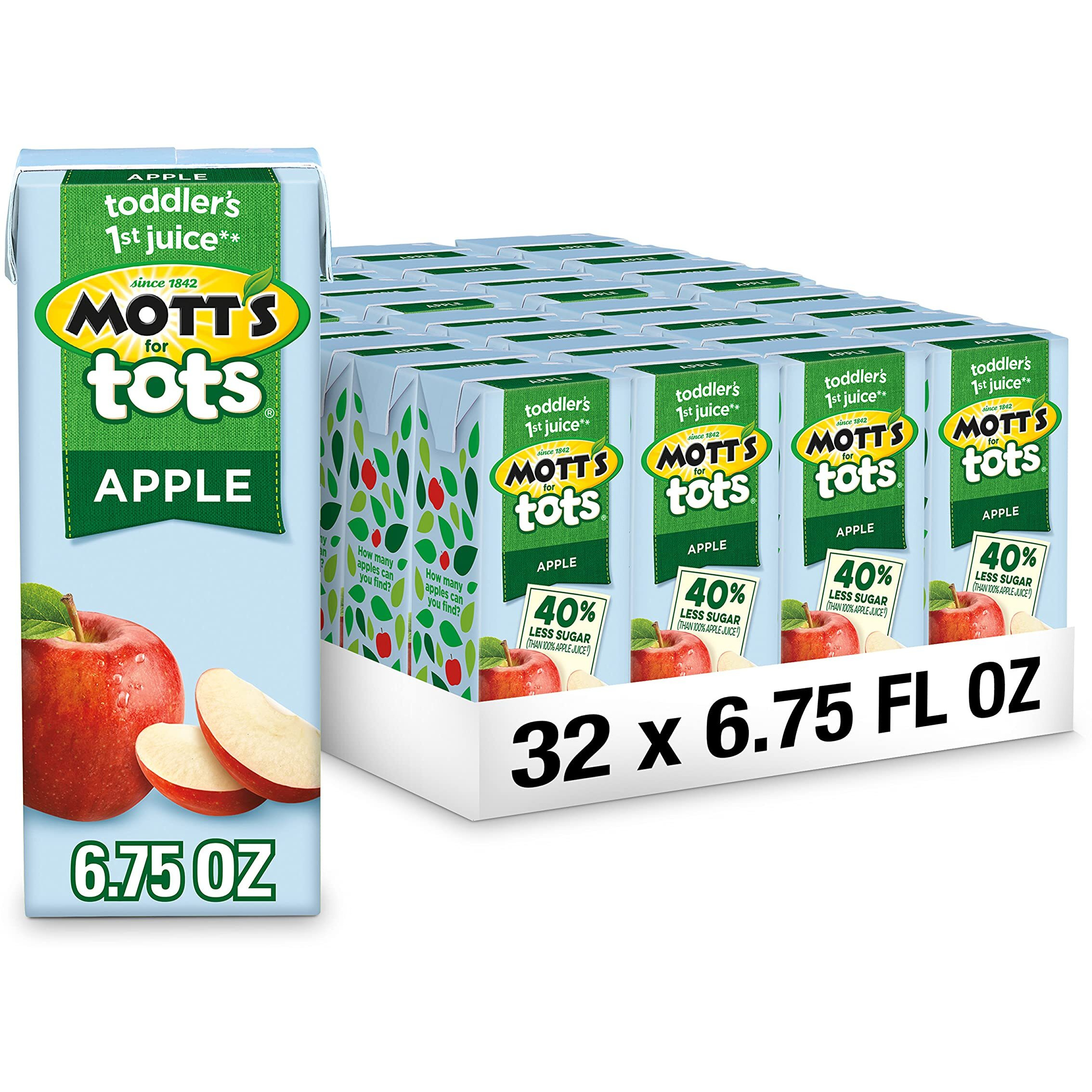 Mott's For Tots Apple, 6.75 Fl Oz Boxes, 32 Count (4 Packs Of 8), Juice With Purified Water, Good Source Of Vitamin C, 40% Less Sugar Than 100% Apple Juice, No Artificial Sweeteners