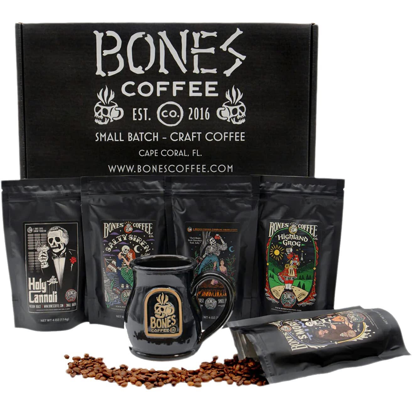 Bones Coffee Company Favorite Flavor Sample Pack With Specialty Mug | Pack Of 5 Assorted Flavor Ground Coffee Beans | Medium Roast Coffee Beverages (Ground)