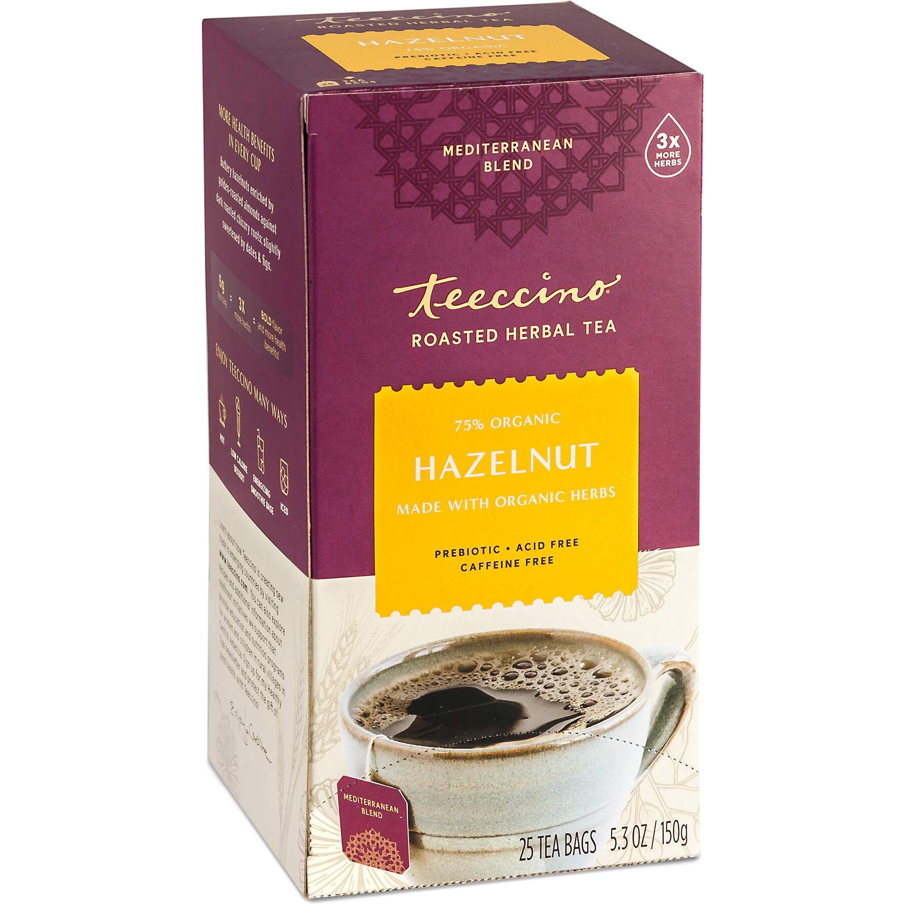 Teeccino Hazelnut Herbal Tea - Rich & Roasted Herbal Tea Thats Caffeine Free & Prebiotic For Natural Energy, 25 Tea Bags