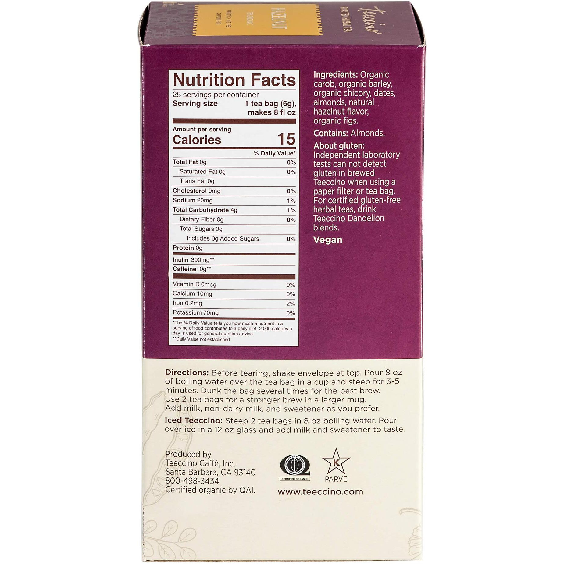 Teeccino Hazelnut Herbal Tea - Rich & Roasted Herbal Tea Thats Caffeine Free & Prebiotic For Natural Energy, 25 Tea Bags