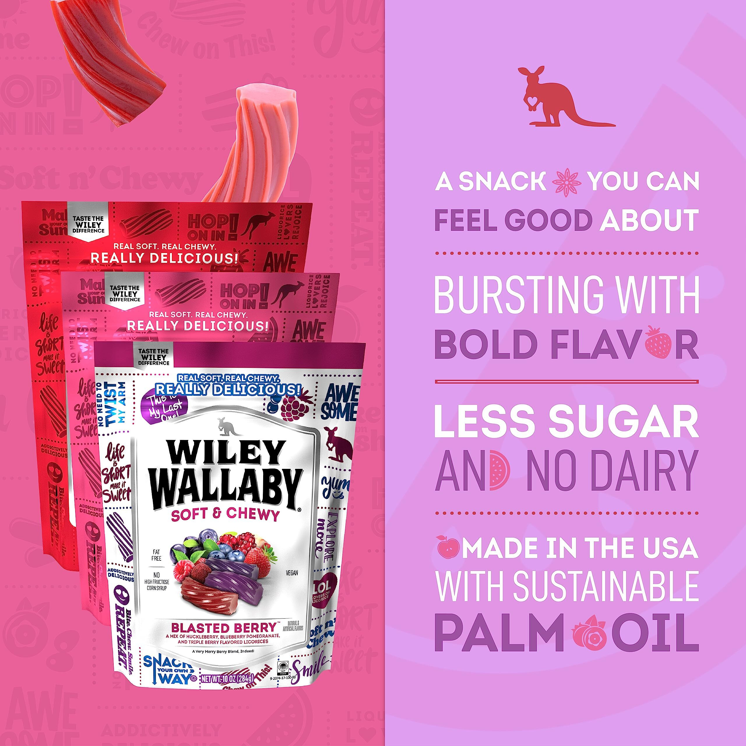 Wiley Wallaby Licorice 10 Ounce Classic Red, Watermelon, & Blasted Berry Gourmet Australian Style Soft & Chewy Licorice Candy Variety Pack Twists, 3 Pack