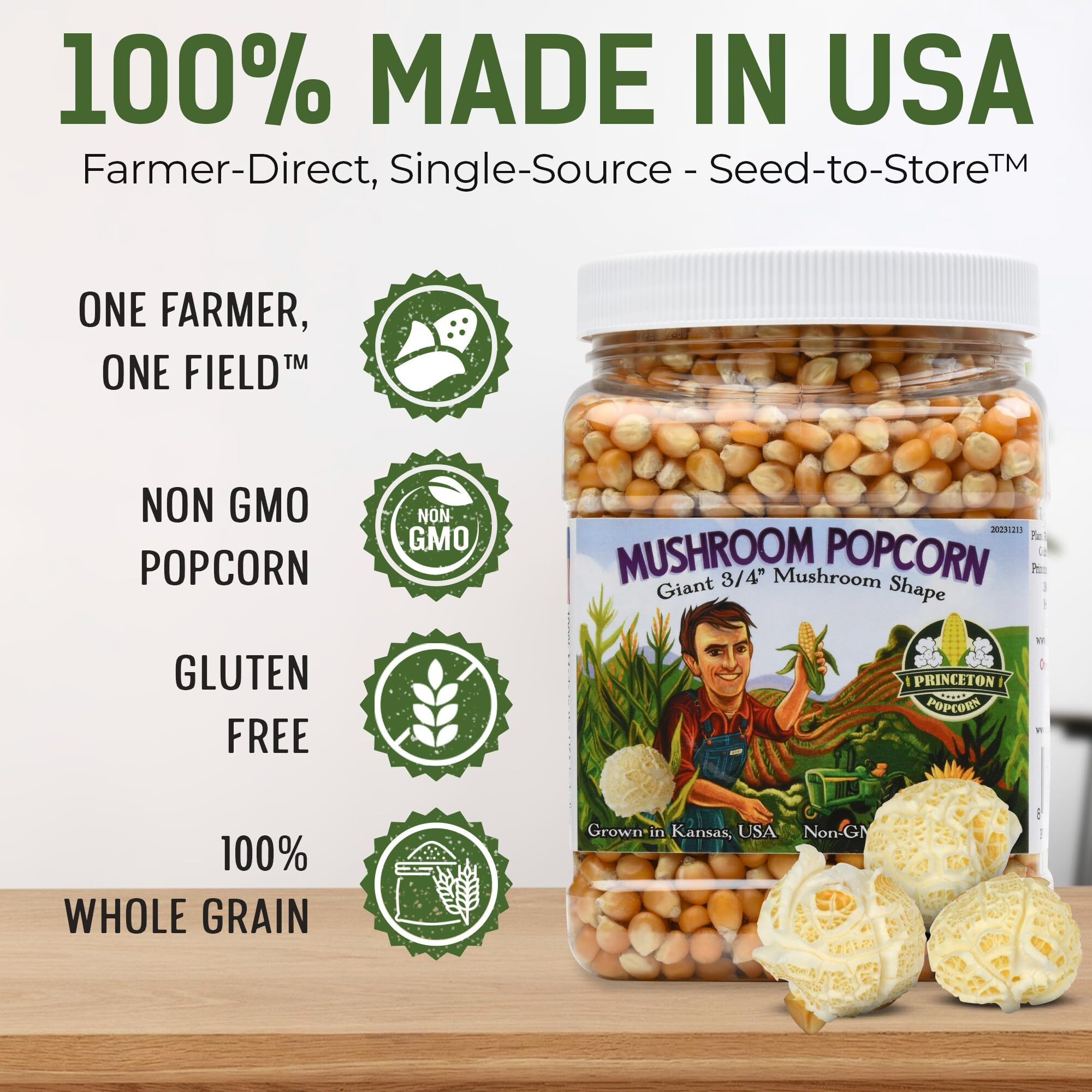 Mushroom Popcorn Kernels By Princeton Popcorn - Farmer Direct, Non-Gmo, Gluten Free, Unpopped, Ball Shaped, Old Fashion Popcorn Pops Extra Large Popcorn Kernels, Mushroom Popcorn Kernels For Popping For Air Popper & Stovetop 32Oz