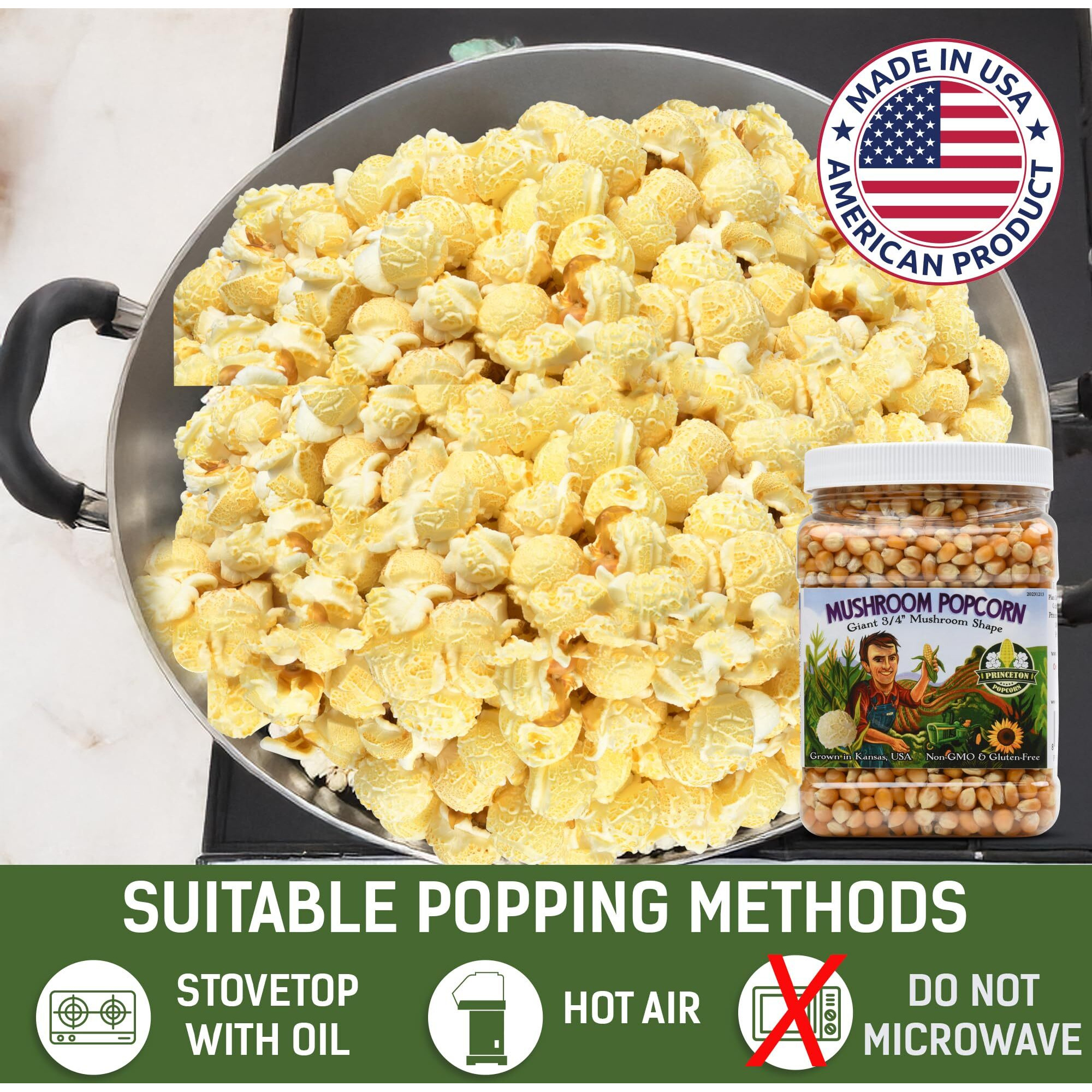 Mushroom Popcorn Kernels By Princeton Popcorn - Farmer Direct, Non-Gmo, Gluten Free, Unpopped, Ball Shaped, Old Fashion Popcorn Pops Extra Large Popcorn Kernels, Mushroom Popcorn Kernels For Popping For Air Popper & Stovetop 32Oz
