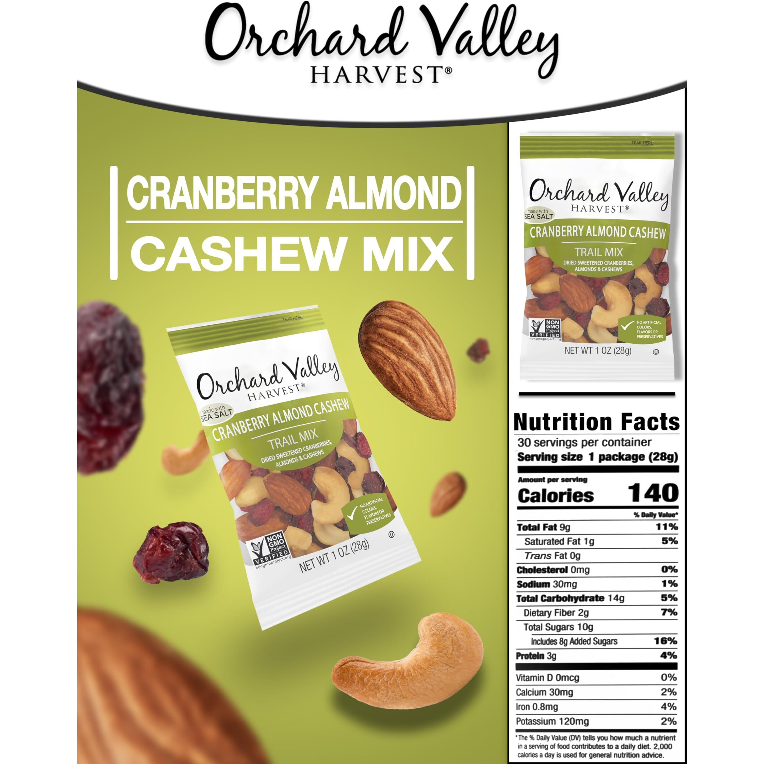 Orchard Valley Harvest Cranberry Almond Cashew Trail Mix, 1 Oz (Pack Of 30), Cranberries, Almonds, And Cashews, Non-Gmo, No Artificial Ingredients