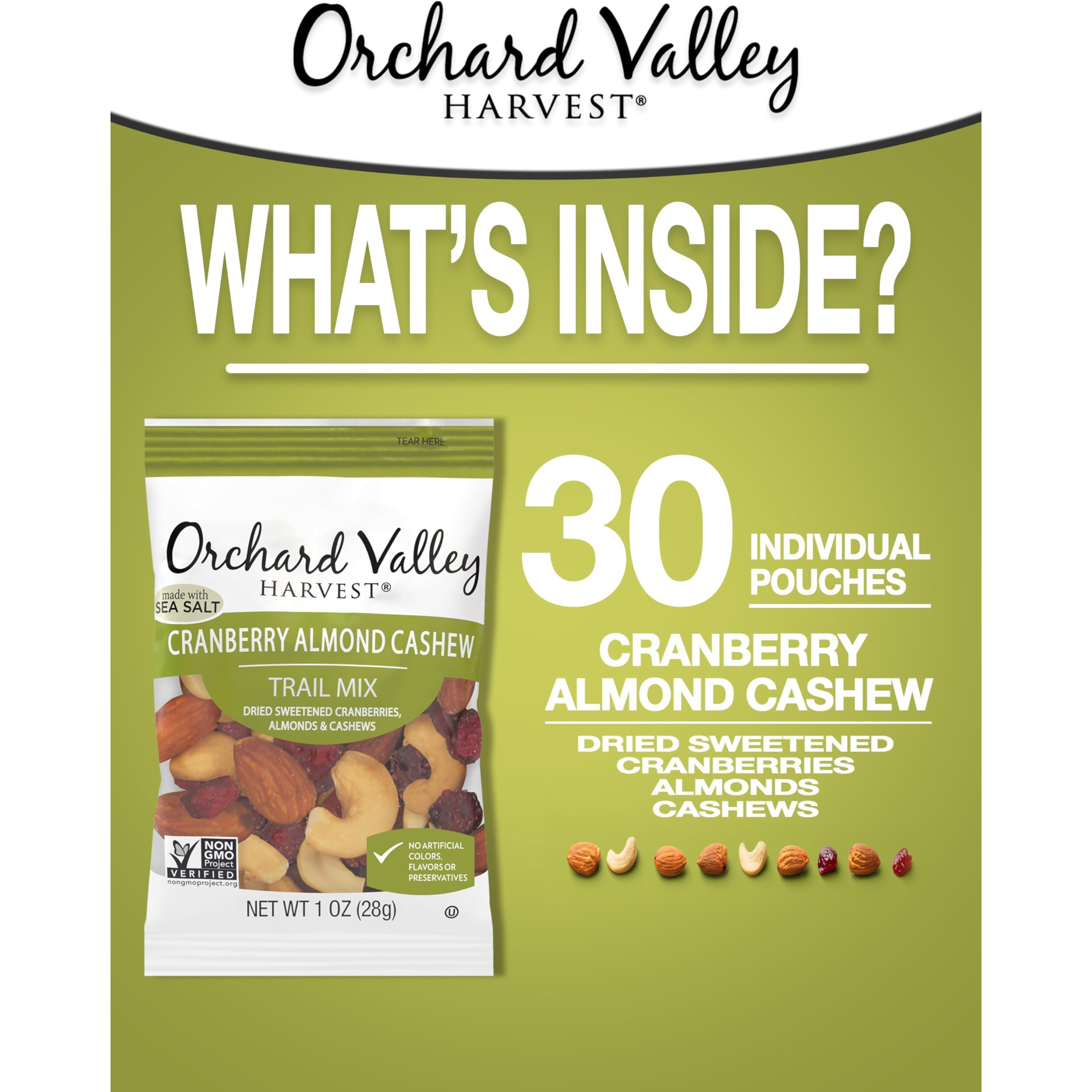 Orchard Valley Harvest Cranberry Almond Cashew Trail Mix, 1 Oz (Pack Of 30), Cranberries, Almonds, And Cashews, Non-Gmo, No Artificial Ingredients