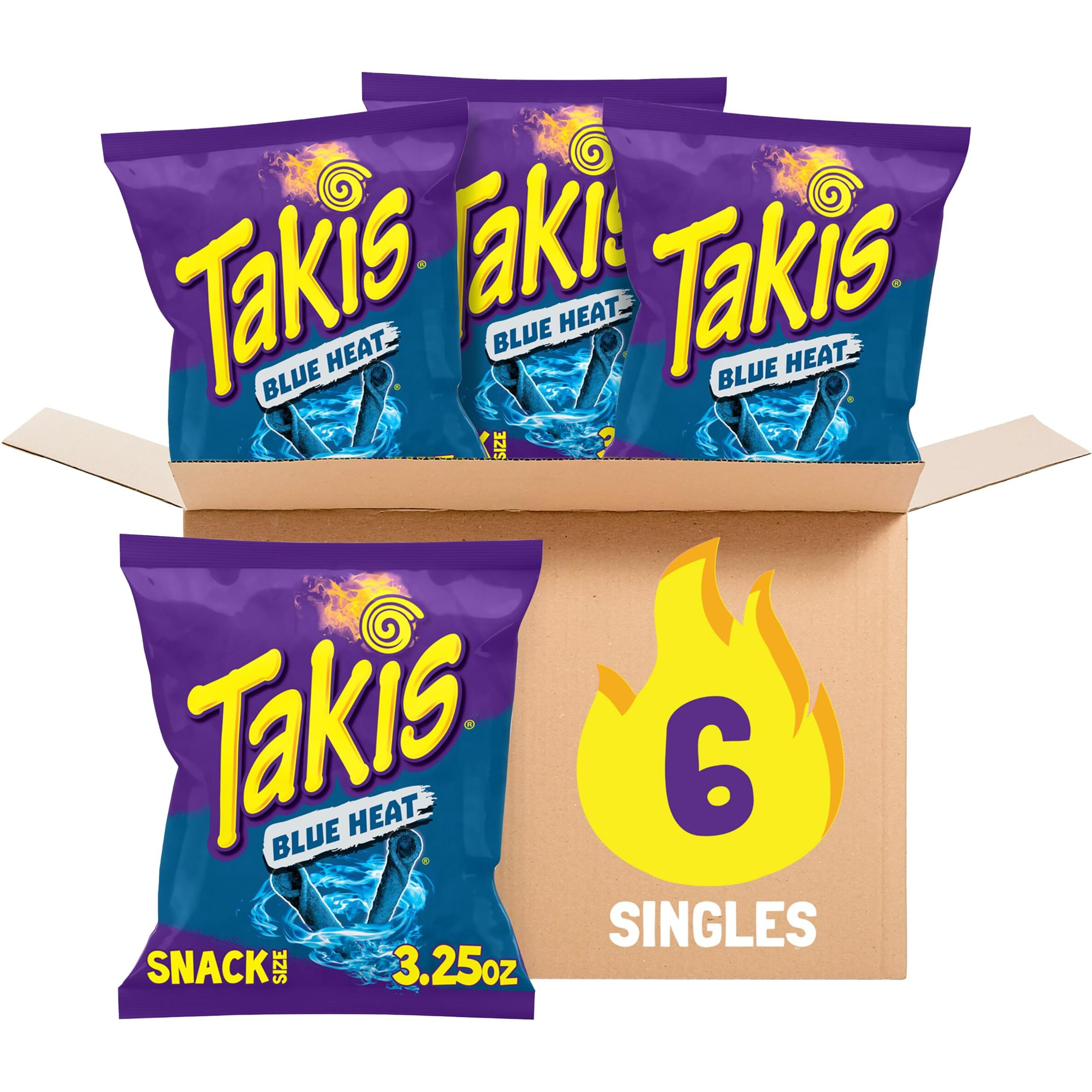 Takis Blue Heat 6 Pc / 3.25 Oz Snack Size Case, Hot Chili Pepper Flavored Extreme Spicy Rolled Tortilla Chips