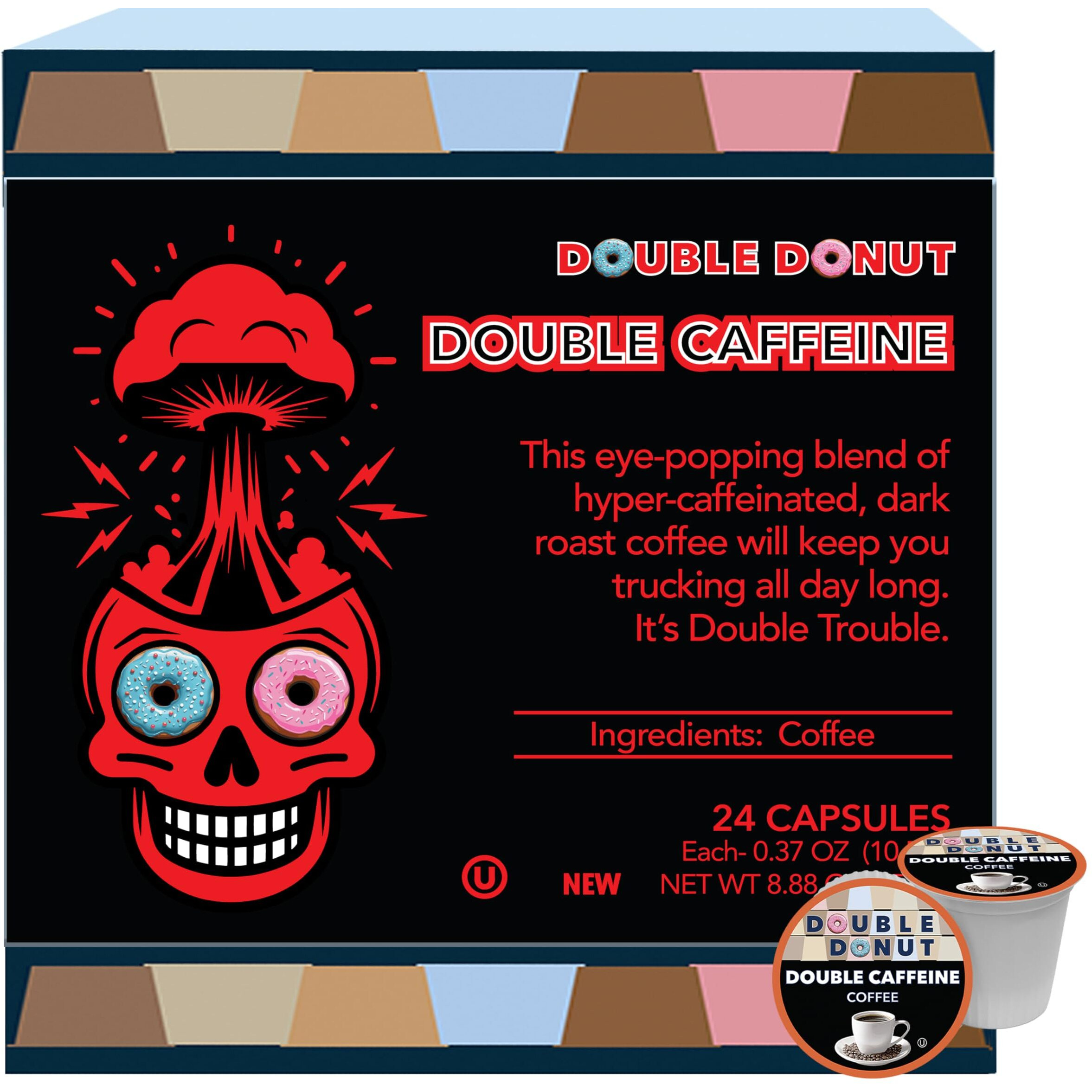 Double Donut High Caffeine Coffee Pods, Extra Strong Double Caffeine Coffee Cups For Keurig K Cup Brewer Machines Single Serve Dark Roast Coffee, 24 Count