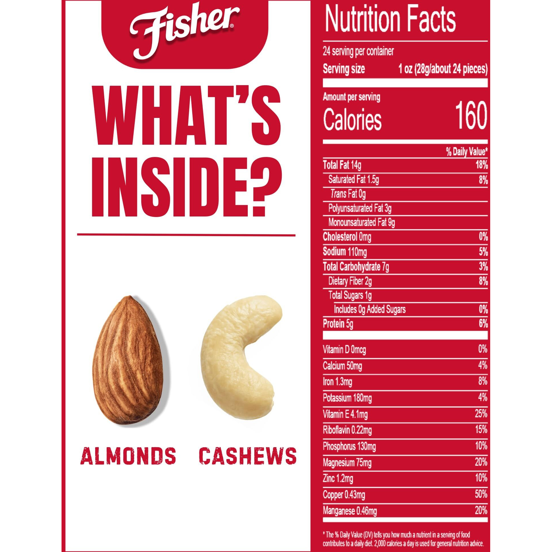 Fisher Oven Roasted Never Fried Almond & Cashew Blend, 24 Ounces (Pack Of 1), Snacks For Adults, Made With Sea Salt, No Added Oil, Artificial Ingredients Or Preservatives, Trail Mix, Gluten Free