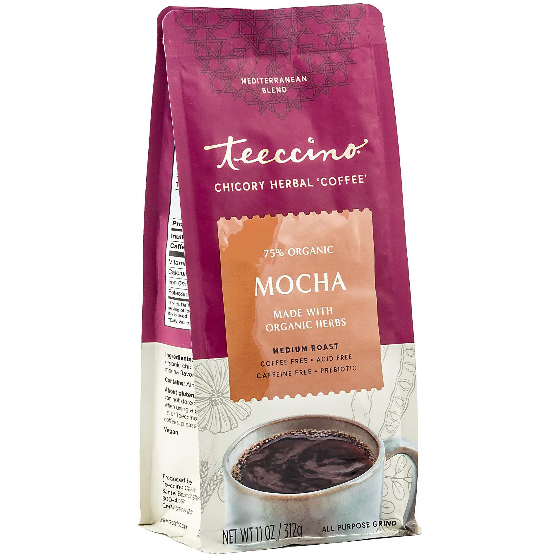 Teeccino Mocha Chicory Coffee Alternative - Ground Herbal Coffee Thats Prebiotic, Caffeine-Free & Acid Free, Medium Roast, 11 Ounce