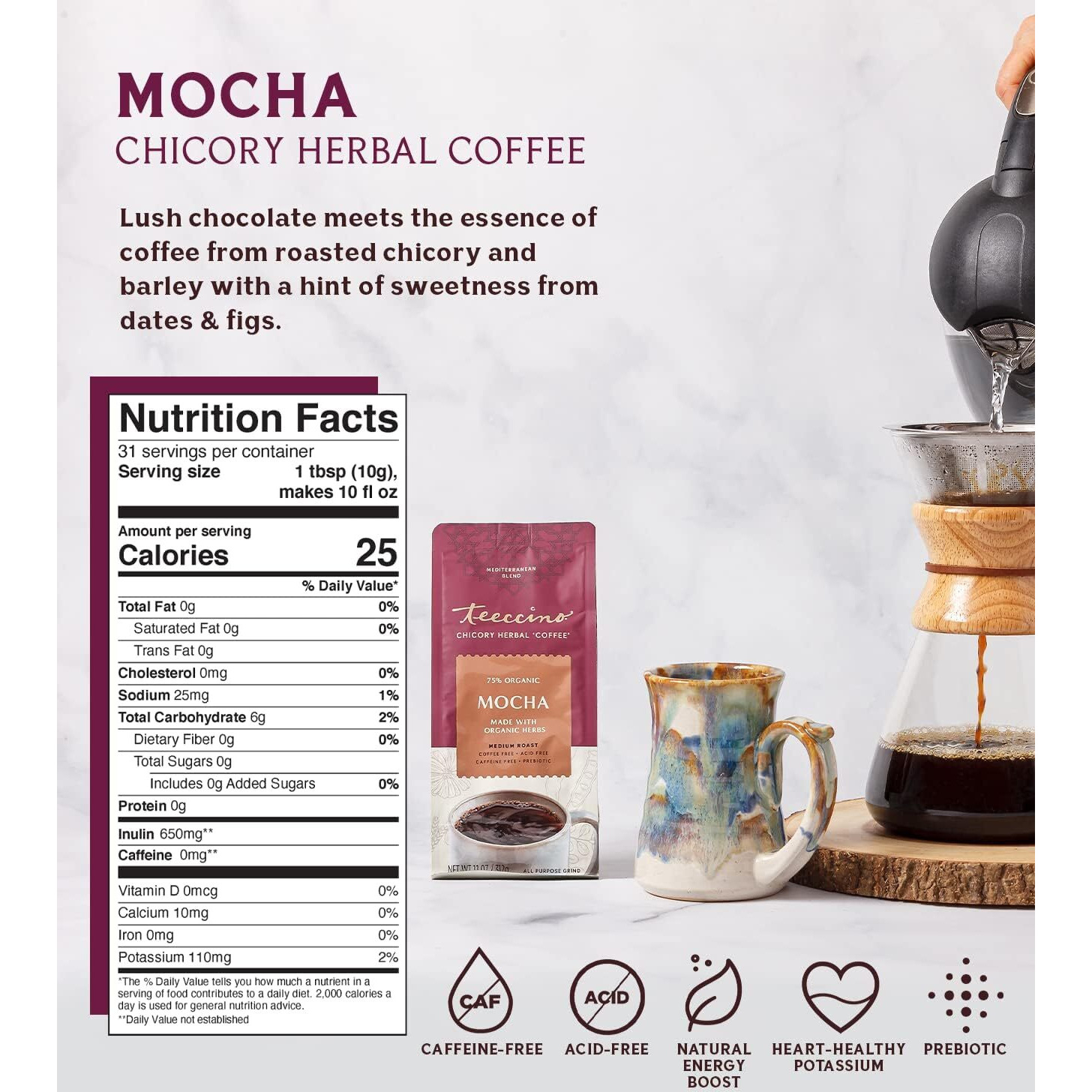 Teeccino Mocha Chicory Coffee Alternative - Ground Herbal Coffee Thats Prebiotic, Caffeine-Free & Acid Free, Medium Roast, 11 Ounce