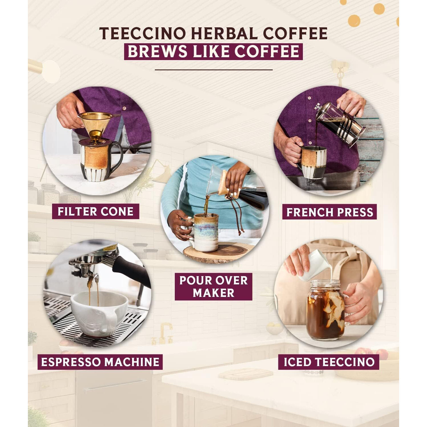 Teeccino Mocha Chicory Coffee Alternative - Ground Herbal Coffee Thats Prebiotic, Caffeine-Free & Acid Free, Medium Roast, 11 Ounce