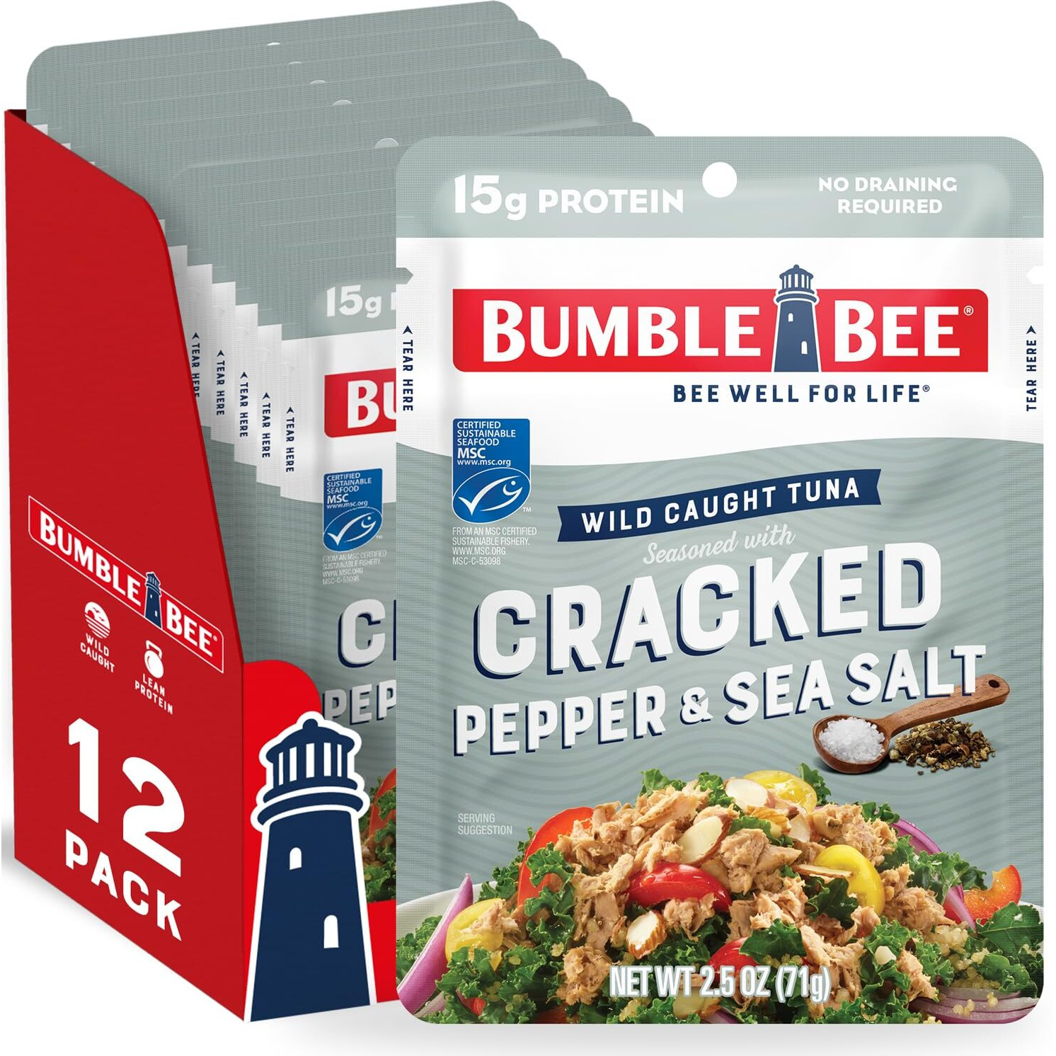Bumble Bee Cracked Pepper & Sea Salt Seasoned Tuna, 2.5 Oz Pouches (Pack Of 12) - Ready To Eat - Wild Caught Tuna Packet - 15G Protein Per Serving - Gluten Free