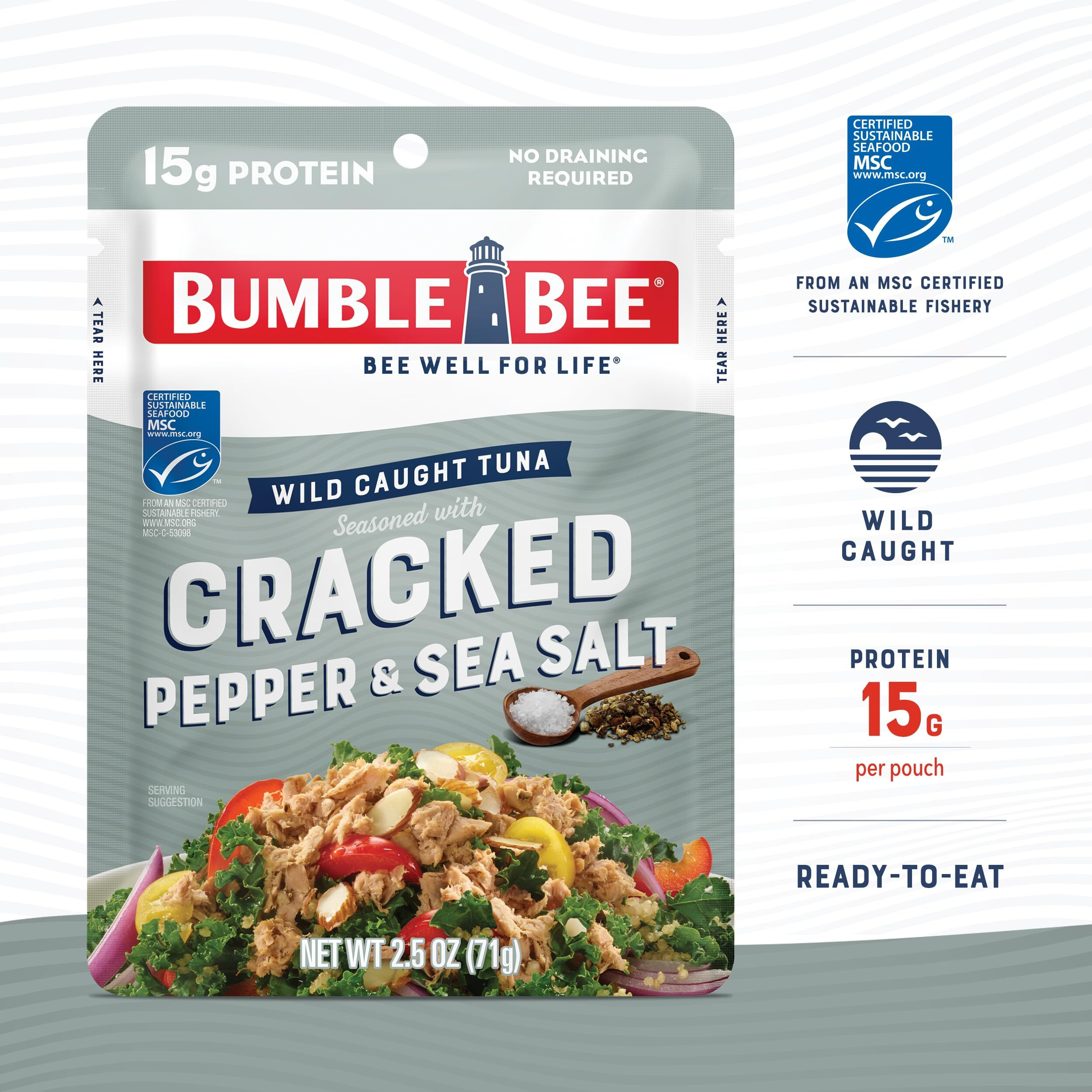 Bumble Bee Cracked Pepper & Sea Salt Seasoned Tuna, 2.5 Oz Pouches (Pack Of 12) - Ready To Eat - Wild Caught Tuna Packet - 15G Protein Per Serving - Gluten Free
