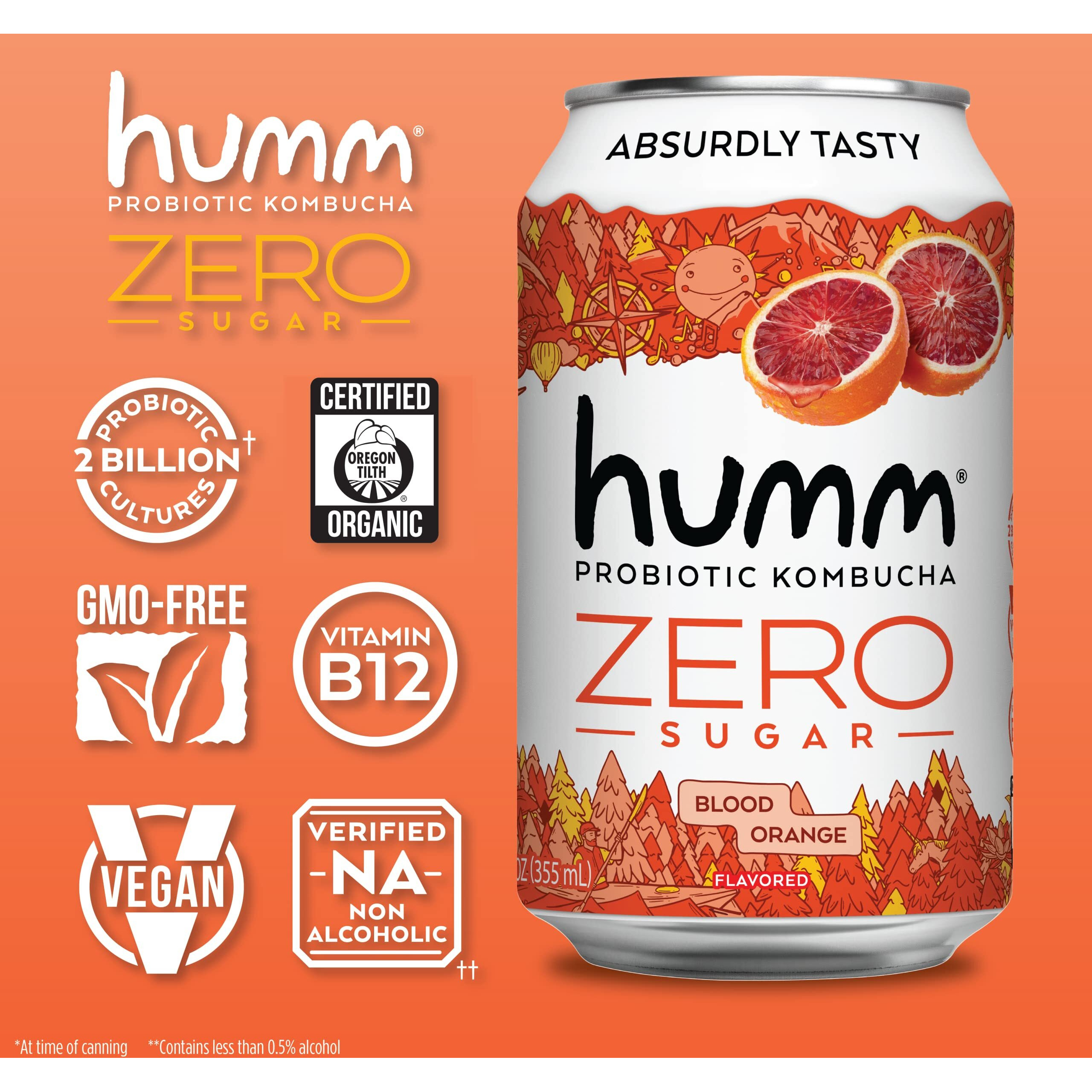 Humm Probiotic Kombucha Zero Sugar Blood Orange - No Refrigeration Needed, Keto-Friendly, Organic, Vegan, Gluten-Free - 12Oz Cans (16 Pack)